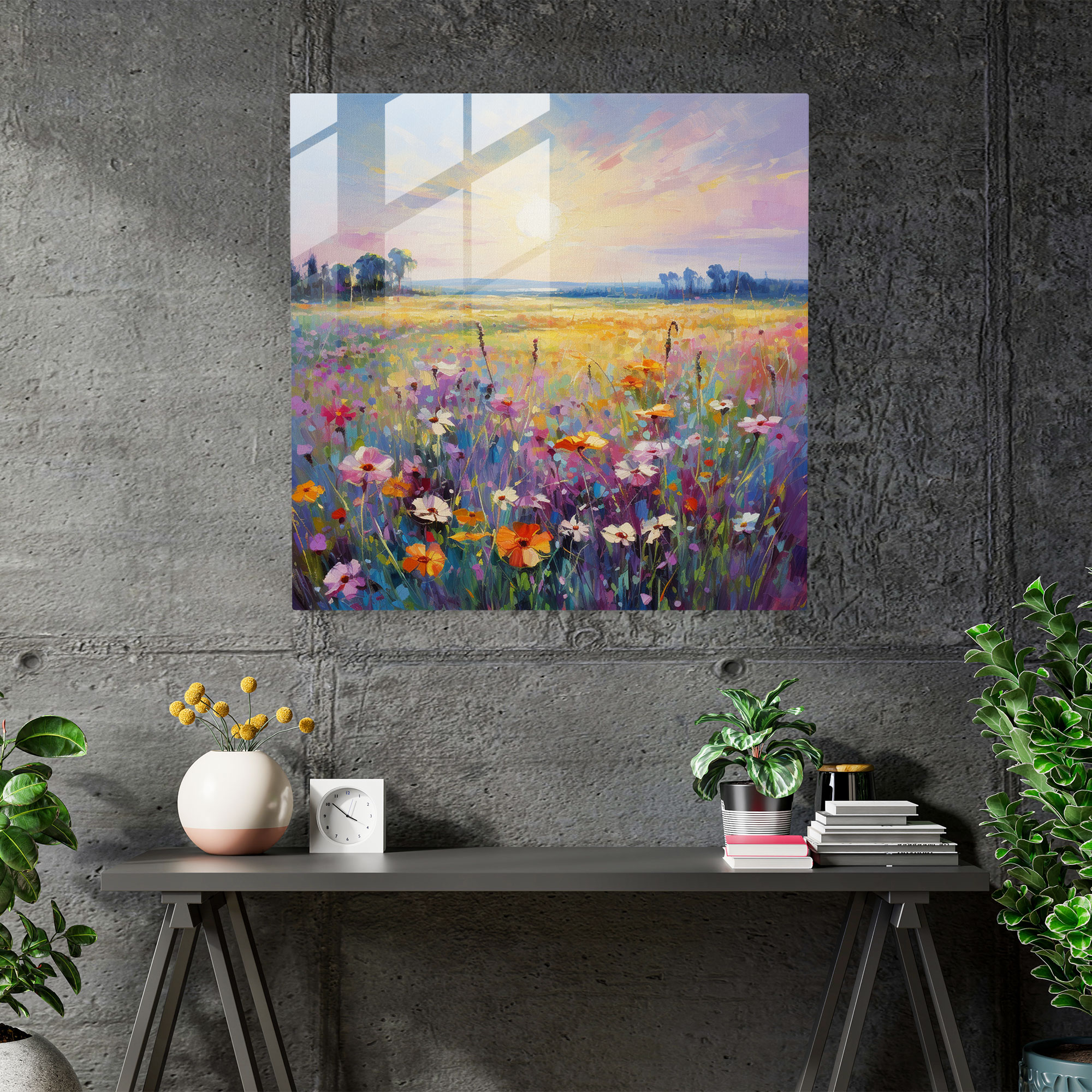 Glasbild Ruhige Wiese - Impressionistische Blumenwiese Glaswandkunst - Wanddekoration