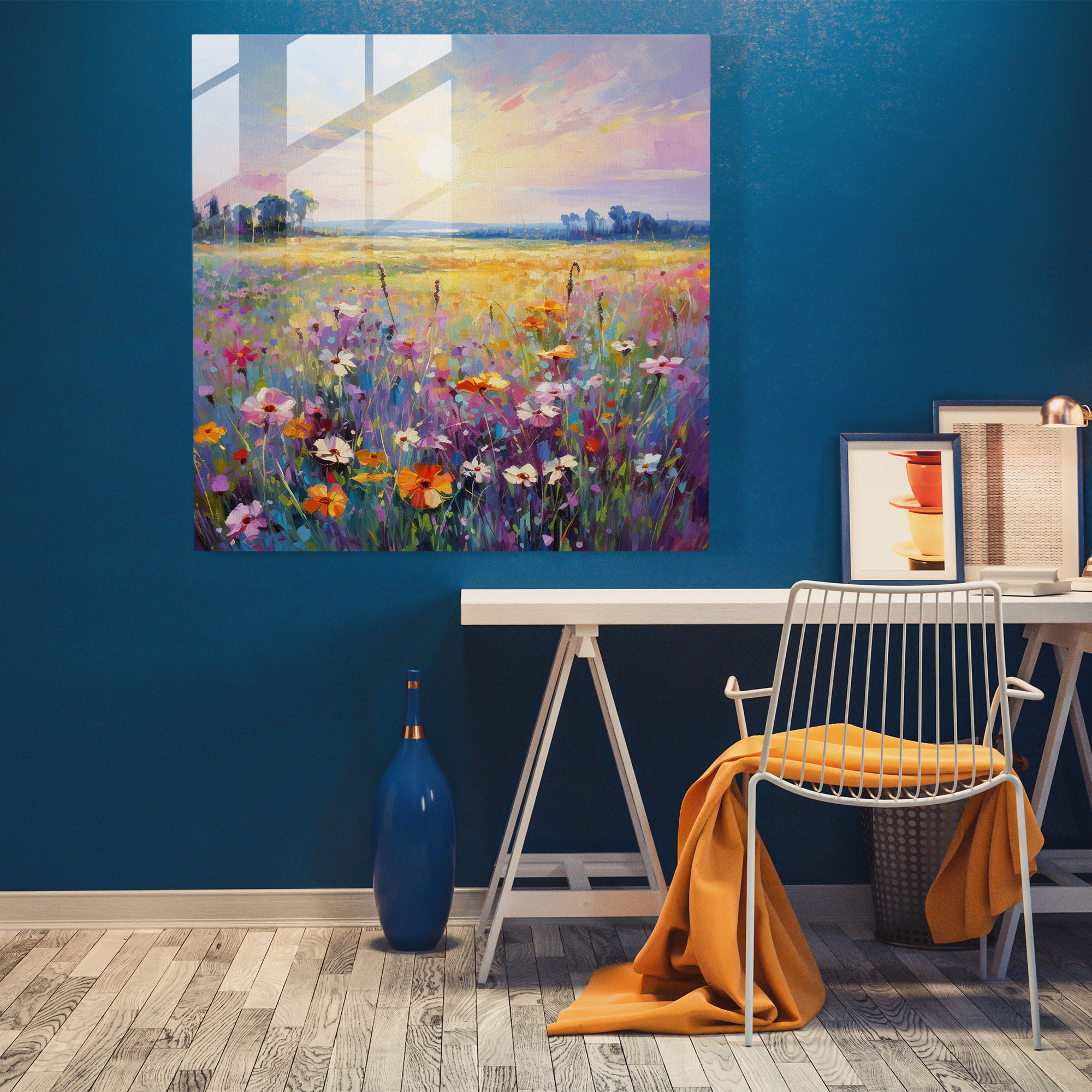Glasbild Ruhige Wiese - Impressionistische Blumenwiese Glaswandkunst - Wanddekoration