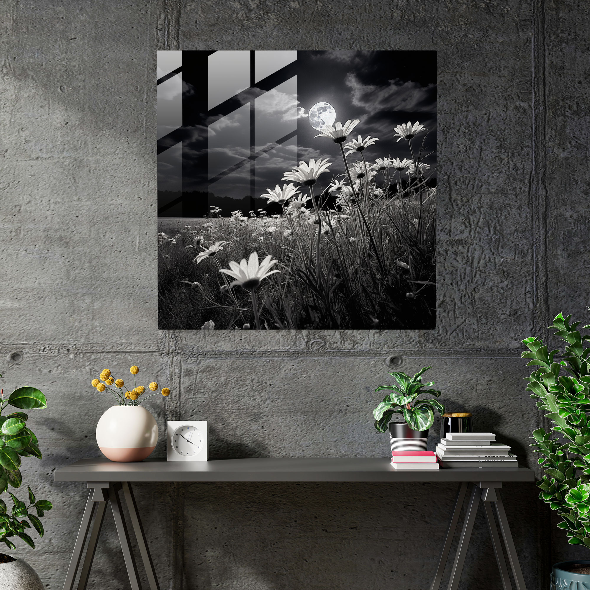 Moonlit Meadows Glass Print - Classic Black and White Photography Glass Wall Art - Modern Artwork