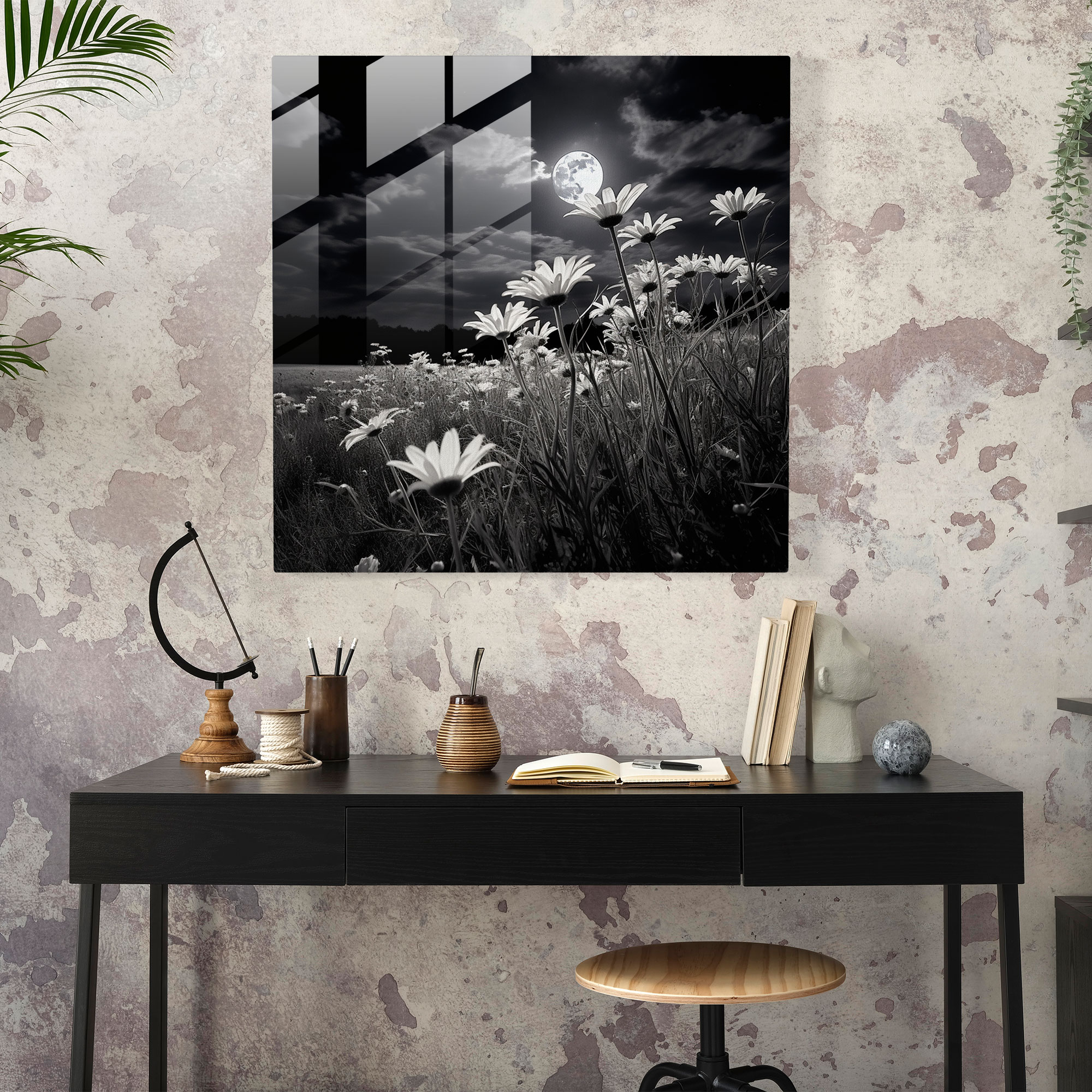 Moonlit Meadows Glass Print - Classic Black and White Photography Glass Wall Art - Modern Artwork