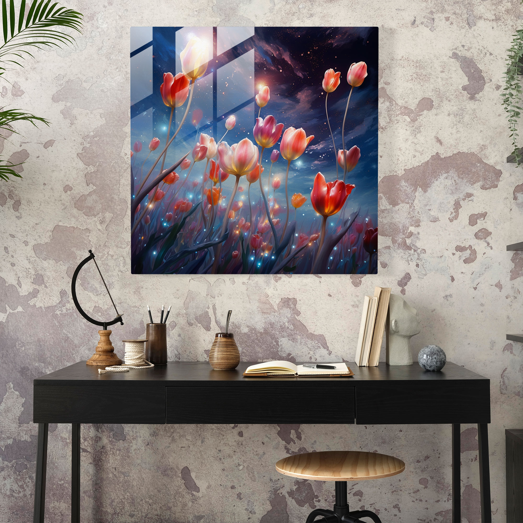 Glasbild Ätherische Tulpen - Surreales Mixed-Media-Kunstwerk Glaswandkunst - Wohnkultur