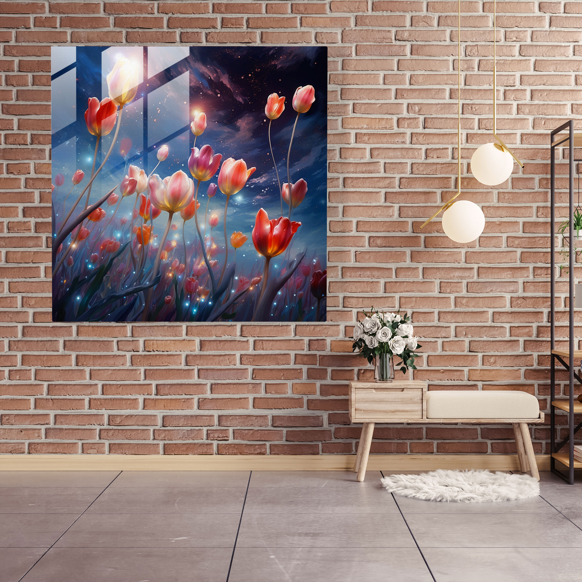 Glasbild Ätherische Tulpen - Surreales Mixed-Media-Kunstwerk Glaswandkunst - Wohnkultur
