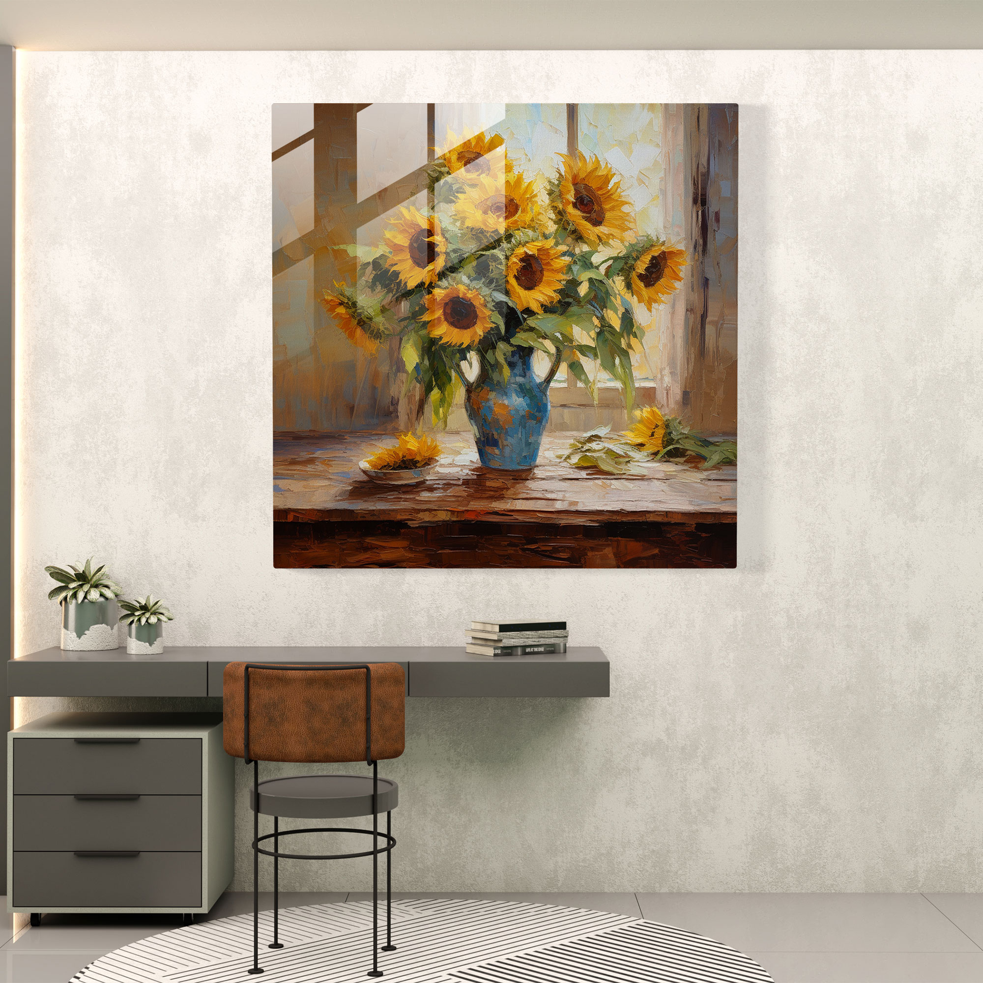 Radiant Sunflowers Glass Print - Impasto Oil Painting Glass Wall Art - Wall Decoration