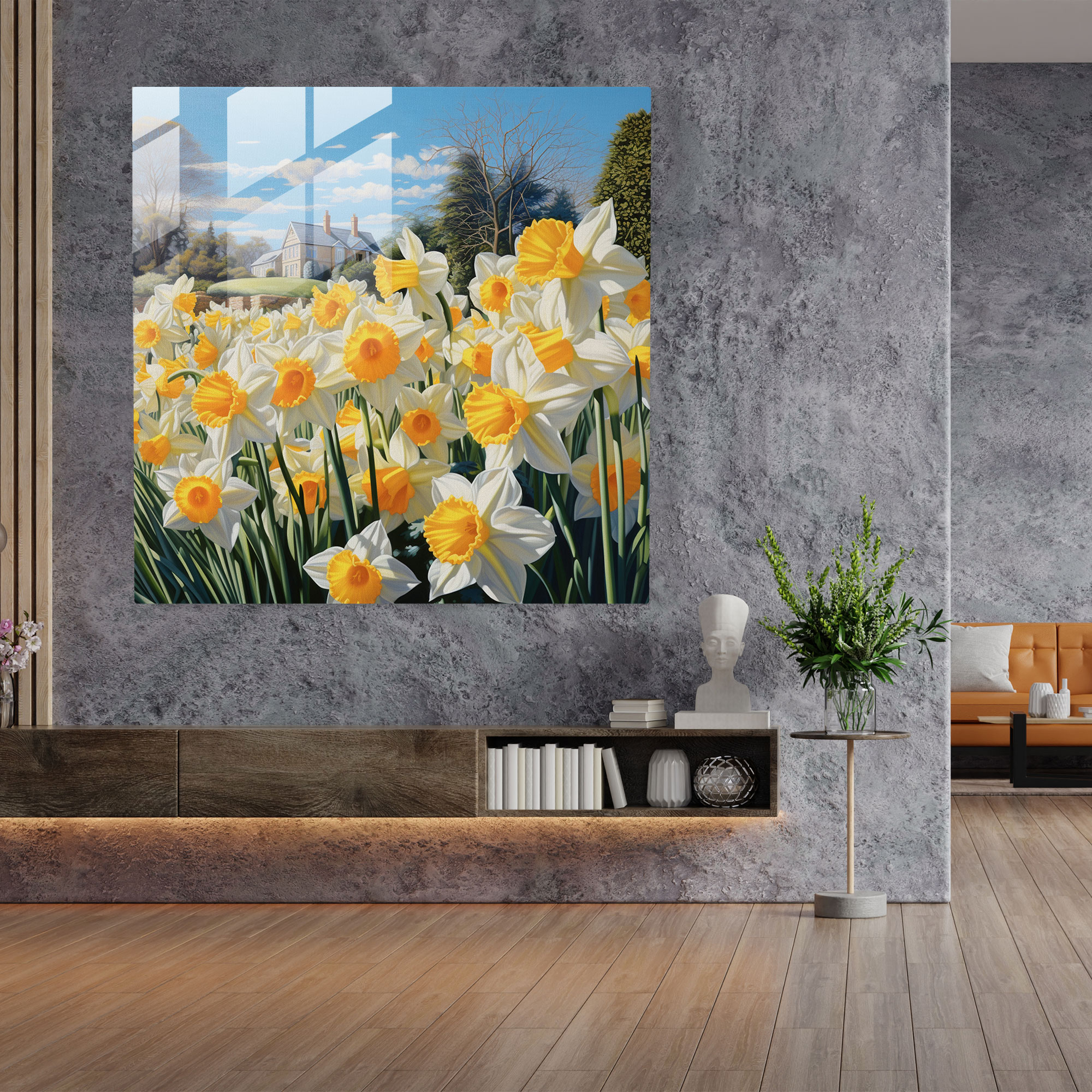 Glasbild mit sonnigen Osterglocken - Realistisches Acrylgemälde Glaswandkunst - Moderne Kunstwerk