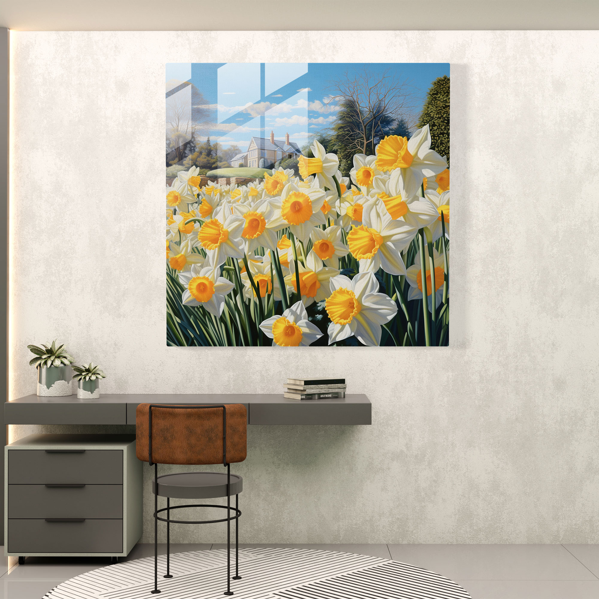 Glasbild mit sonnigen Osterglocken - Realistisches Acrylgemälde Glaswandkunst - Moderne Kunstwerk
