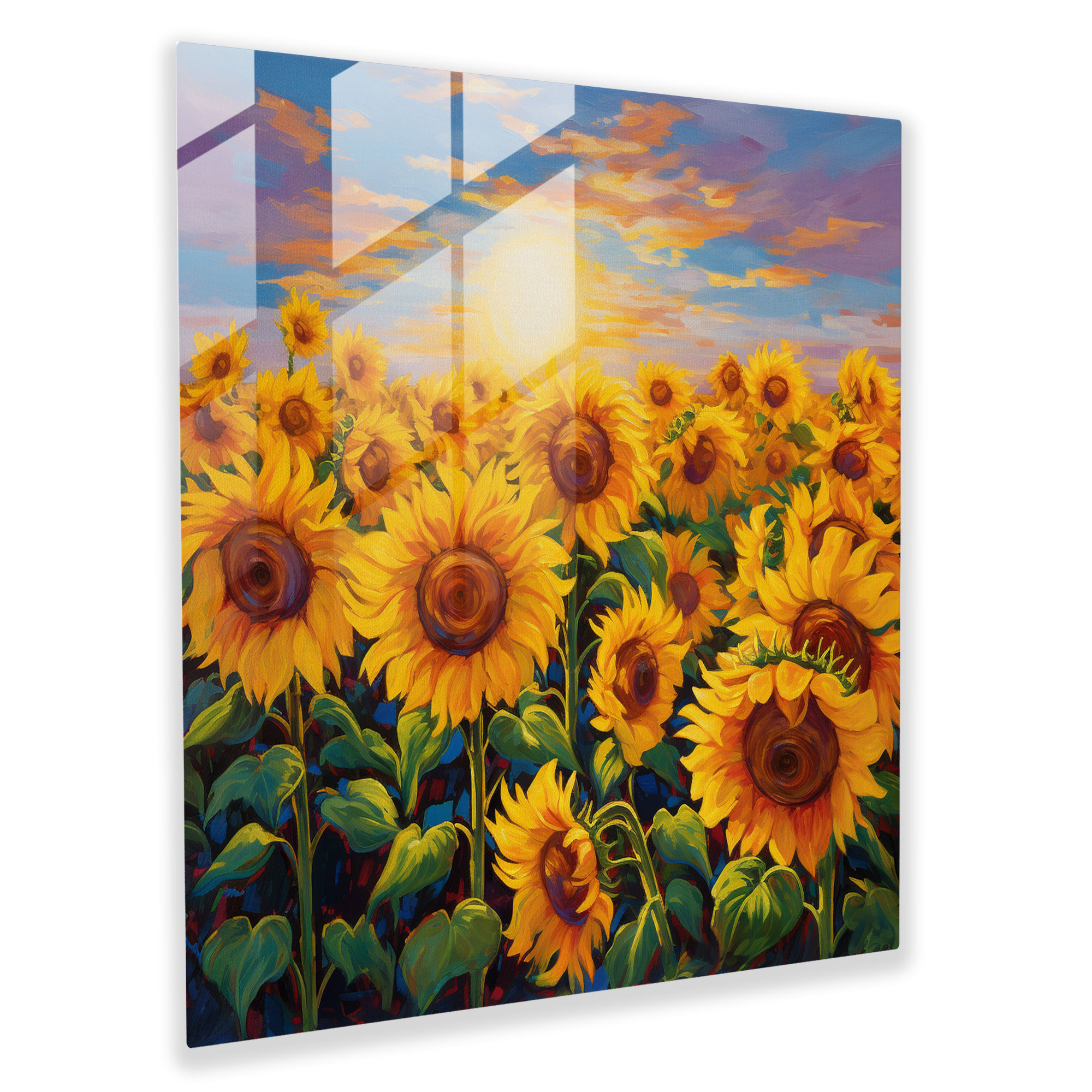 Glasbild mit impressionistischem Ethereal-Stil - Sonnenblumenfeld - Wandkunst aus Glas - Dekoration für Zuhause - Wanddekoration - Glas Kunst - Moderne Kunstwerke