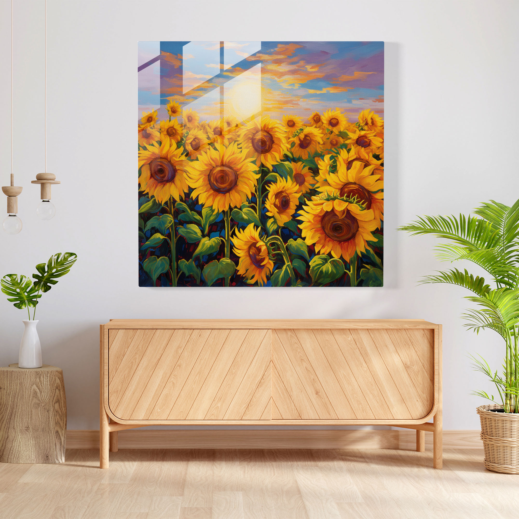 Glasbild mit impressionistischem Ethereal-Stil - Sonnenblumenfeld - Wandkunst aus Glas - Dekoration für Zuhause - Wanddekoration - Glas Kunst - Moderne Kunstwerke