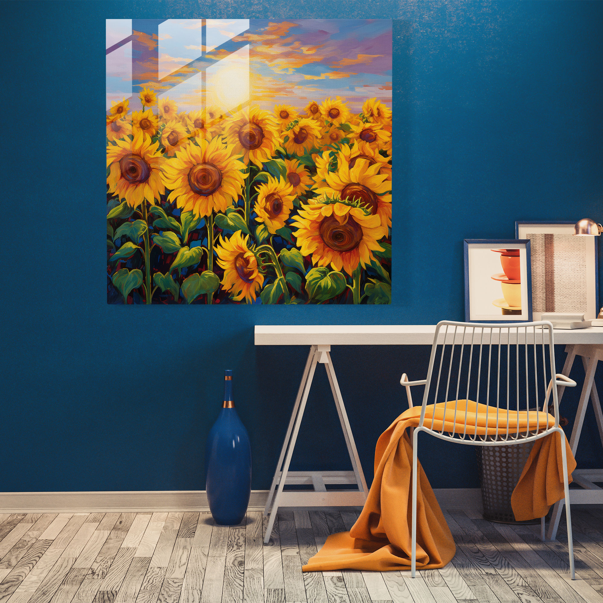 Glasbild mit impressionistischem Ethereal-Stil - Sonnenblumenfeld - Wandkunst aus Glas - Dekoration für Zuhause - Wanddekoration - Glas Kunst - Moderne Kunstwerke