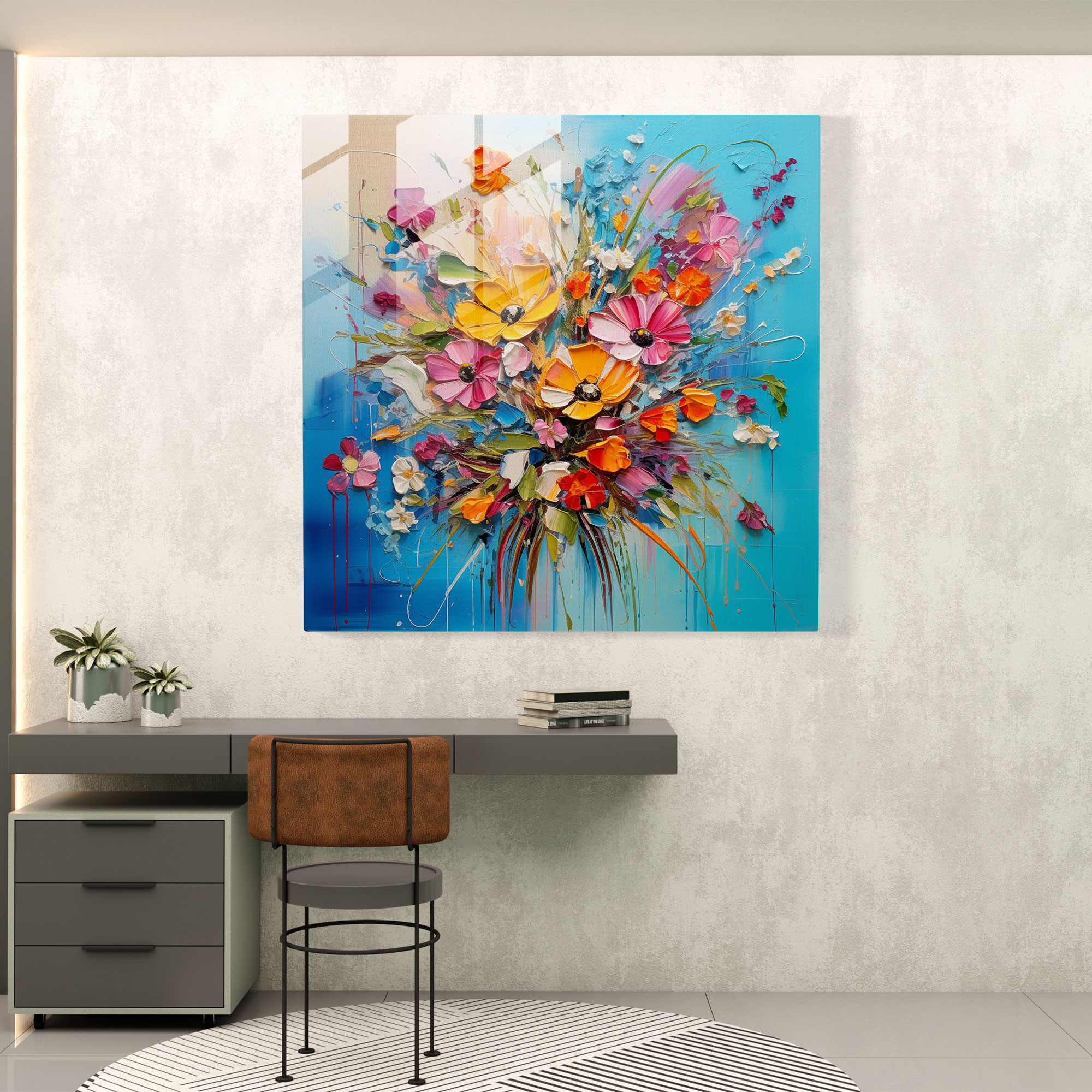 Lebhaftes Glasbild mit abstraktem Design - Blumenstrauß bunter Wildblumen - Glas Wandkunst - Raumdekoration - Wanddekoration - Glas Kunst - Moderne Kunstwerke