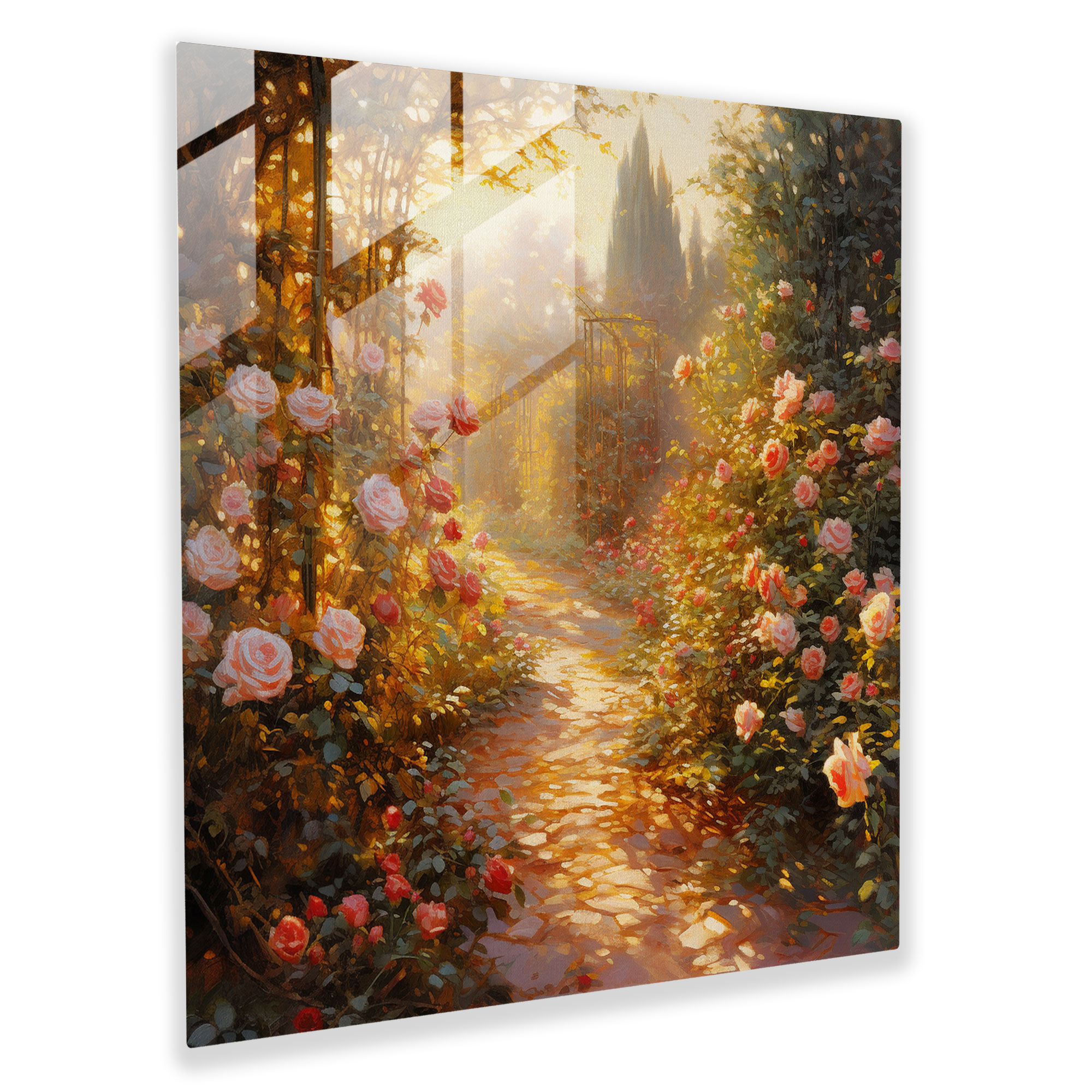 Romantic Impressionistic Glass Print - Rose Garden Bathed in Golden Sunlight - Glass Wall Art - Home Decoration - Wall Decoration - Glass Art - Modern Artwork