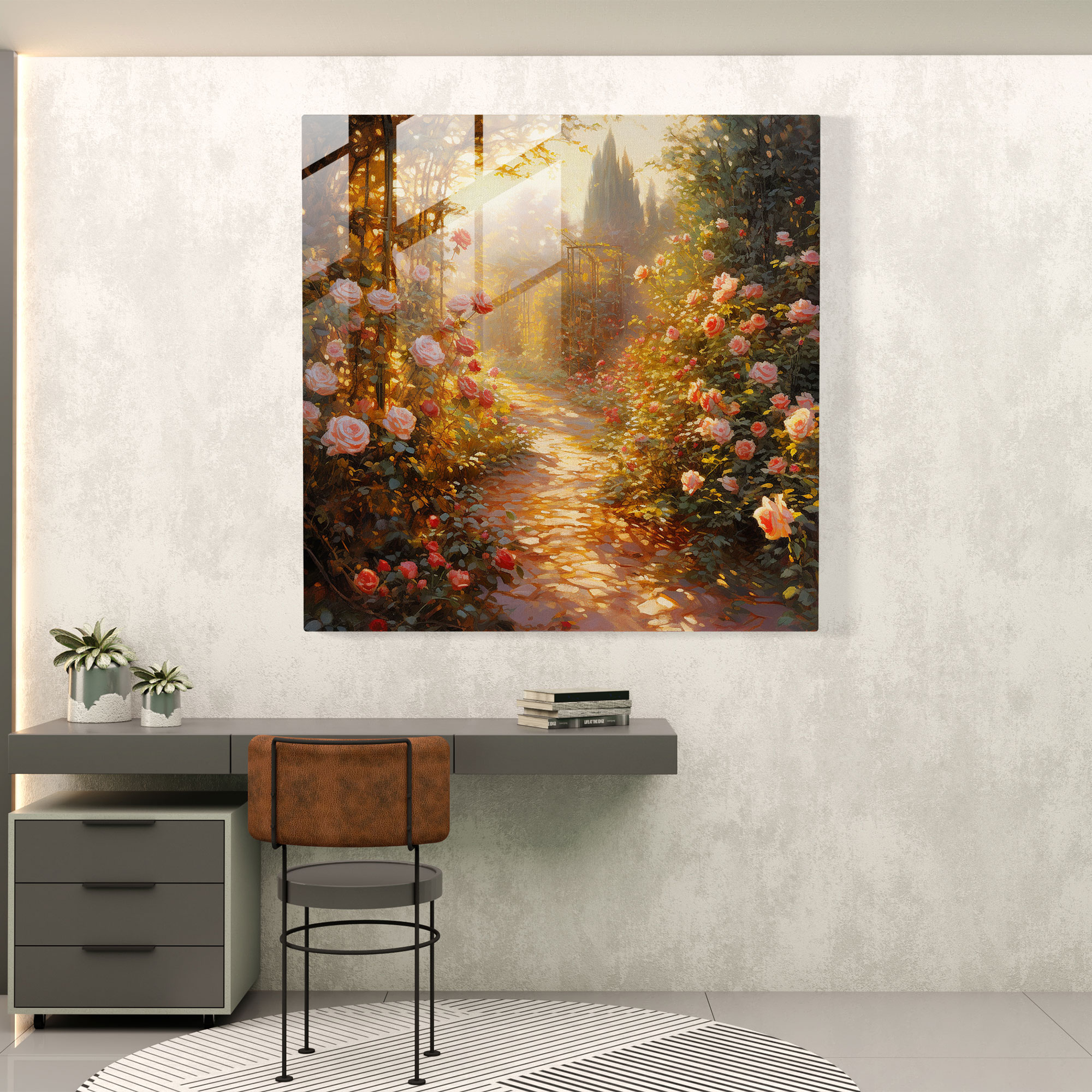 Romantic Impressionistic Glass Print - Rose Garden Bathed in Golden Sunlight - Glass Wall Art - Home Decoration - Wall Decoration - Glass Art - Modern Artwork