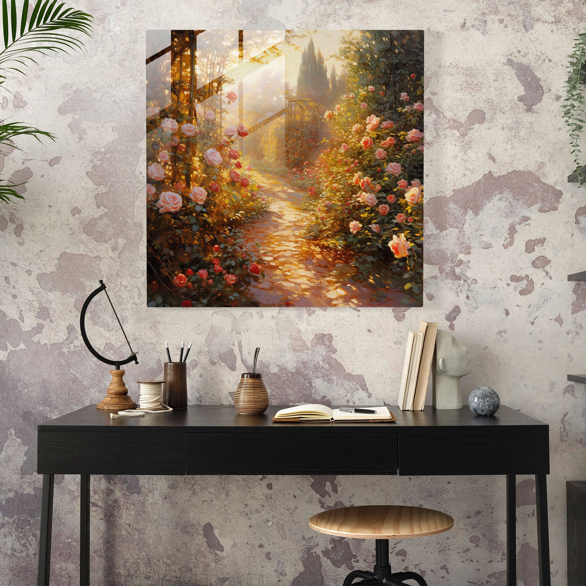 Romantic Impressionistic Glass Print - Rose Garden Bathed in Golden Sunlight - Glass Wall Art - Home Decoration - Wall Decoration - Glass Art - Modern Artwork