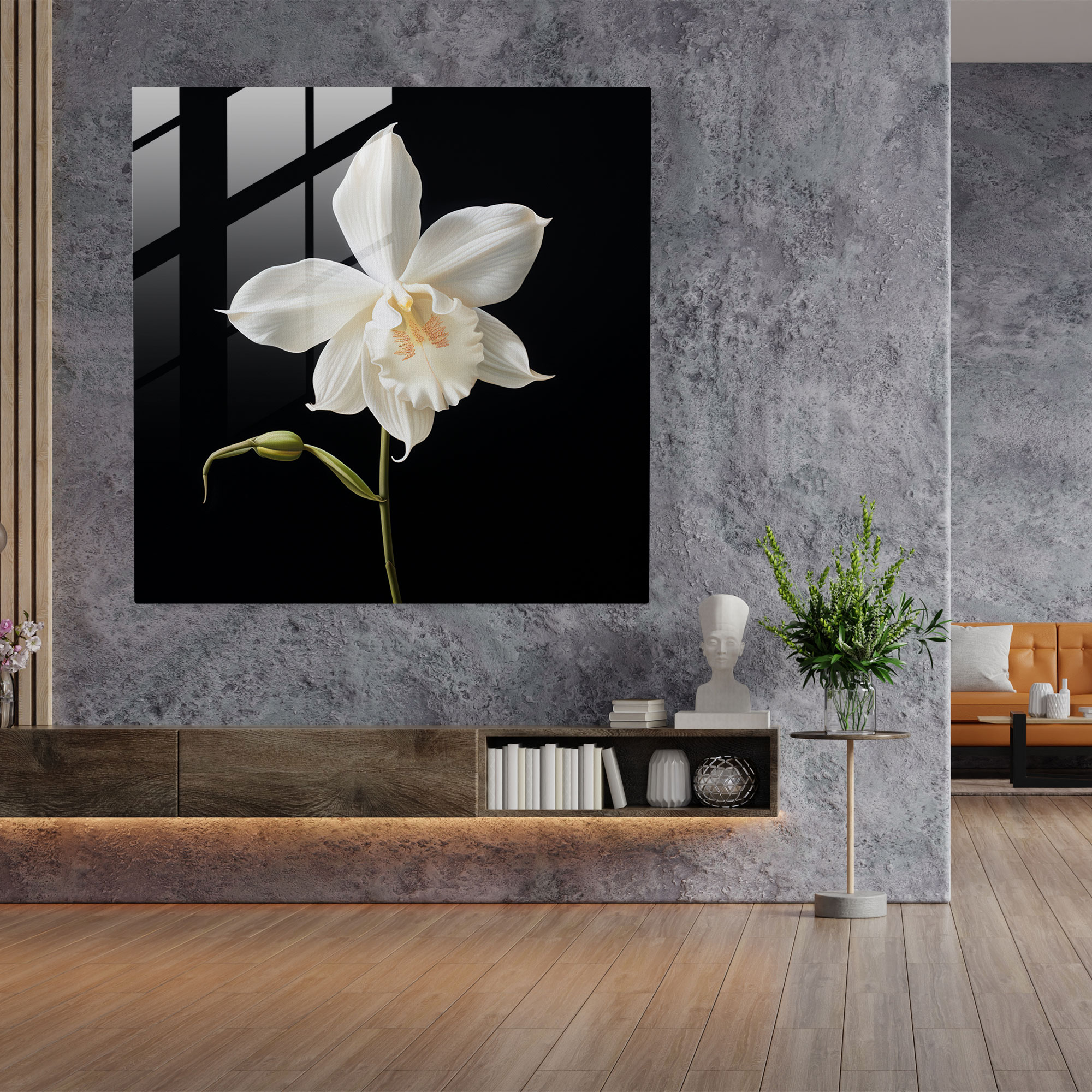Striking Minimalist Glass Print - Single White Orchid on Black Background - Glass Wall Art - Home Decoration - Wall Decoration - Glass Art - Modern Artwork
