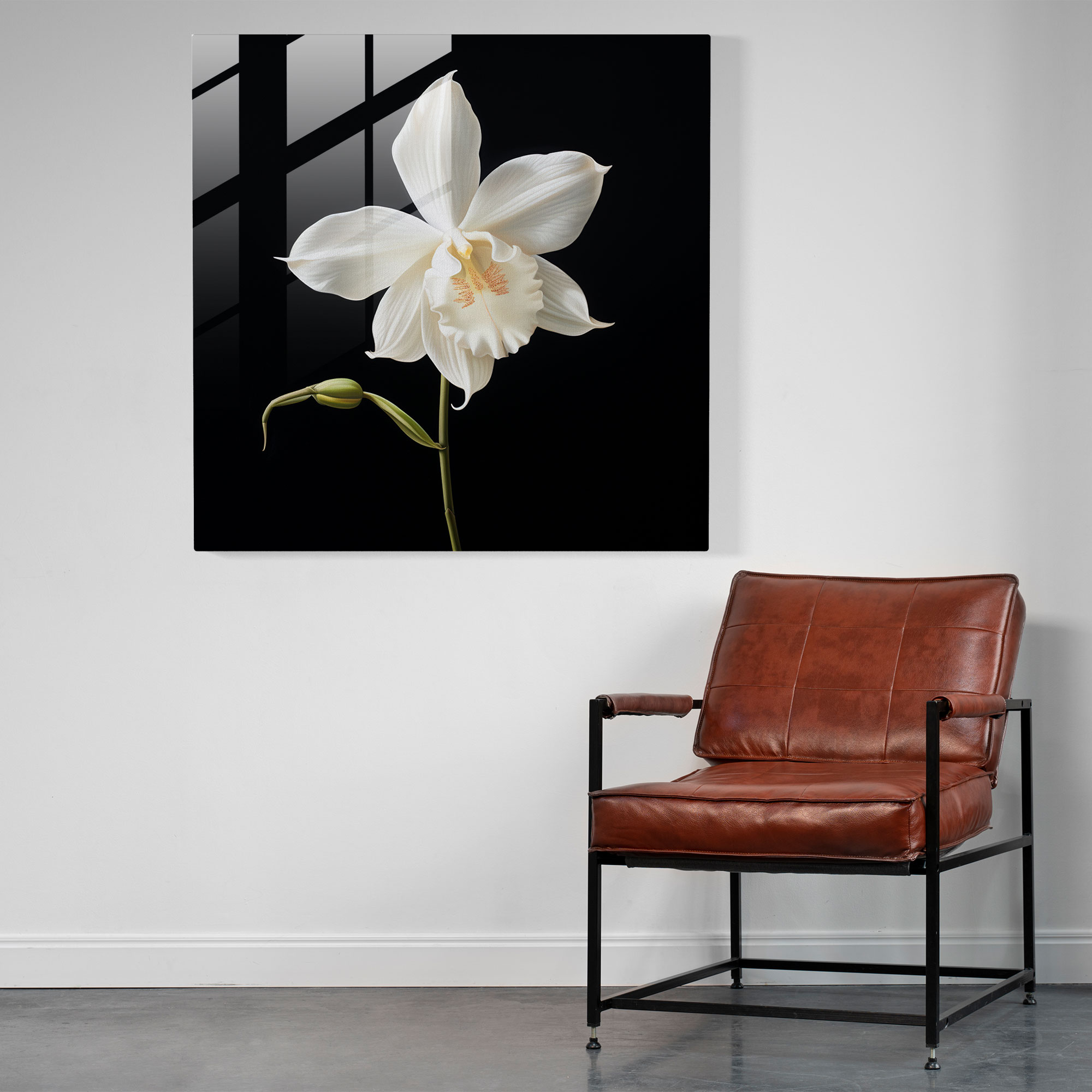 Striking Minimalist Glass Print - Single White Orchid on Black Background - Glass Wall Art - Home Decoration - Wall Decoration - Glass Art - Modern Artwork