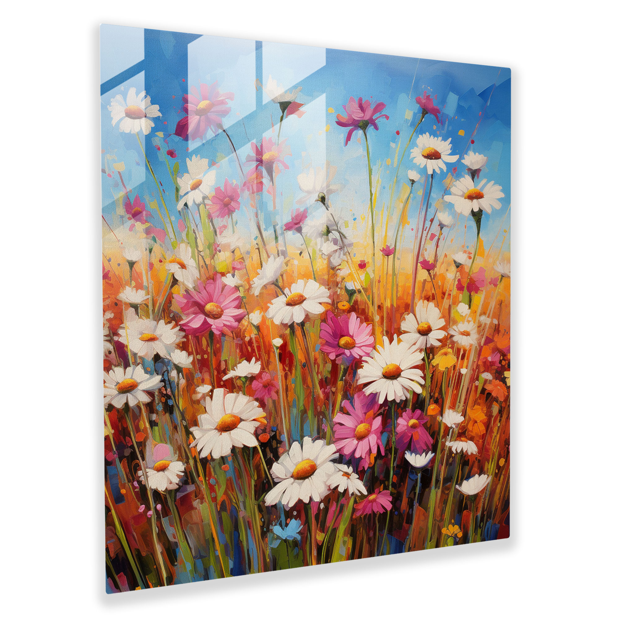 Frohes zeitgenössisches Glasbild - Mohnblumenfeld in kräftigen Farben - Glaswandkunst - Wohnkultur - Wanddekoration - Glaskunst - Moderne Kunstwerke