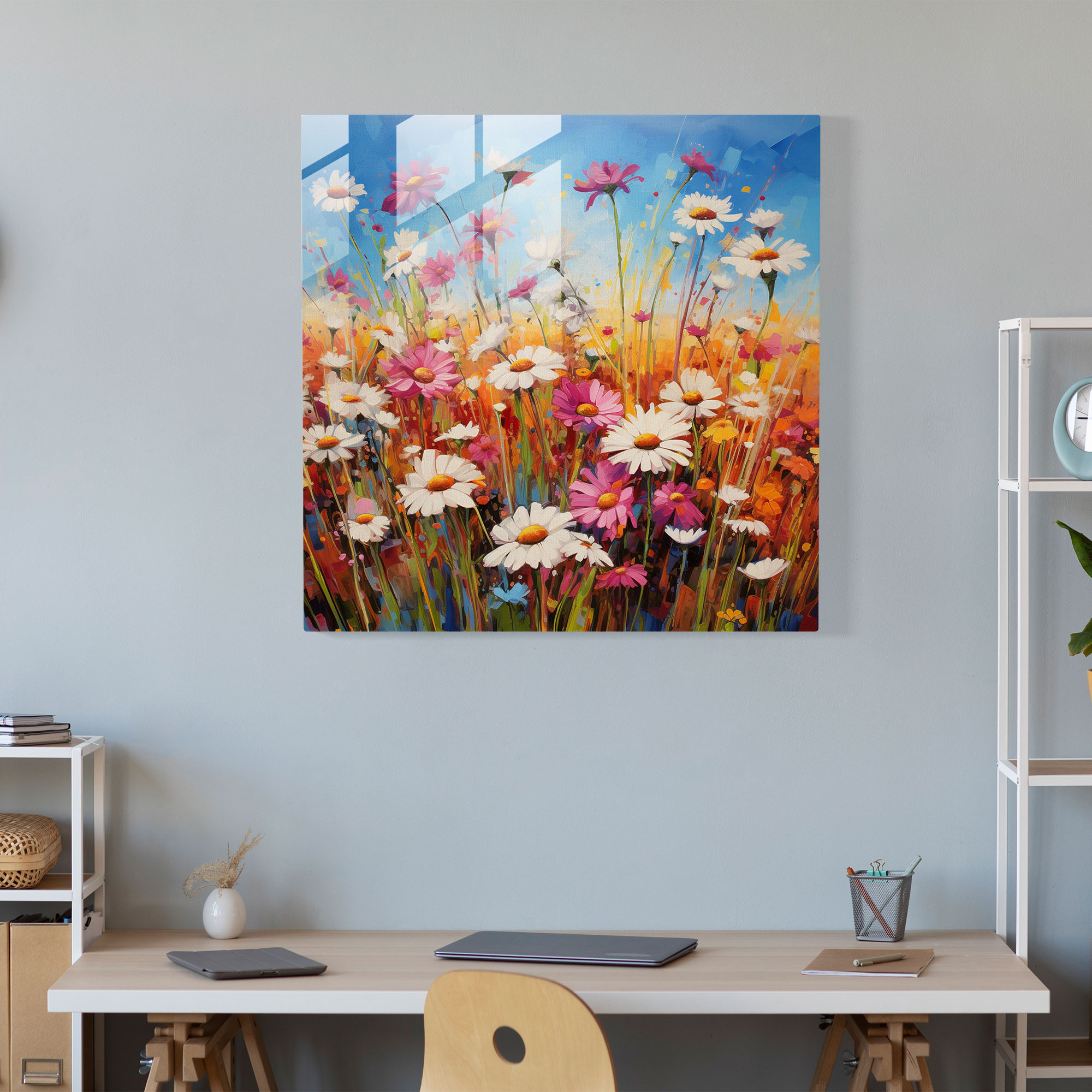 Frohes zeitgenössisches Glasbild - Mohnblumenfeld in kräftigen Farben - Glaswandkunst - Wohnkultur - Wanddekoration - Glaskunst - Moderne Kunstwerke