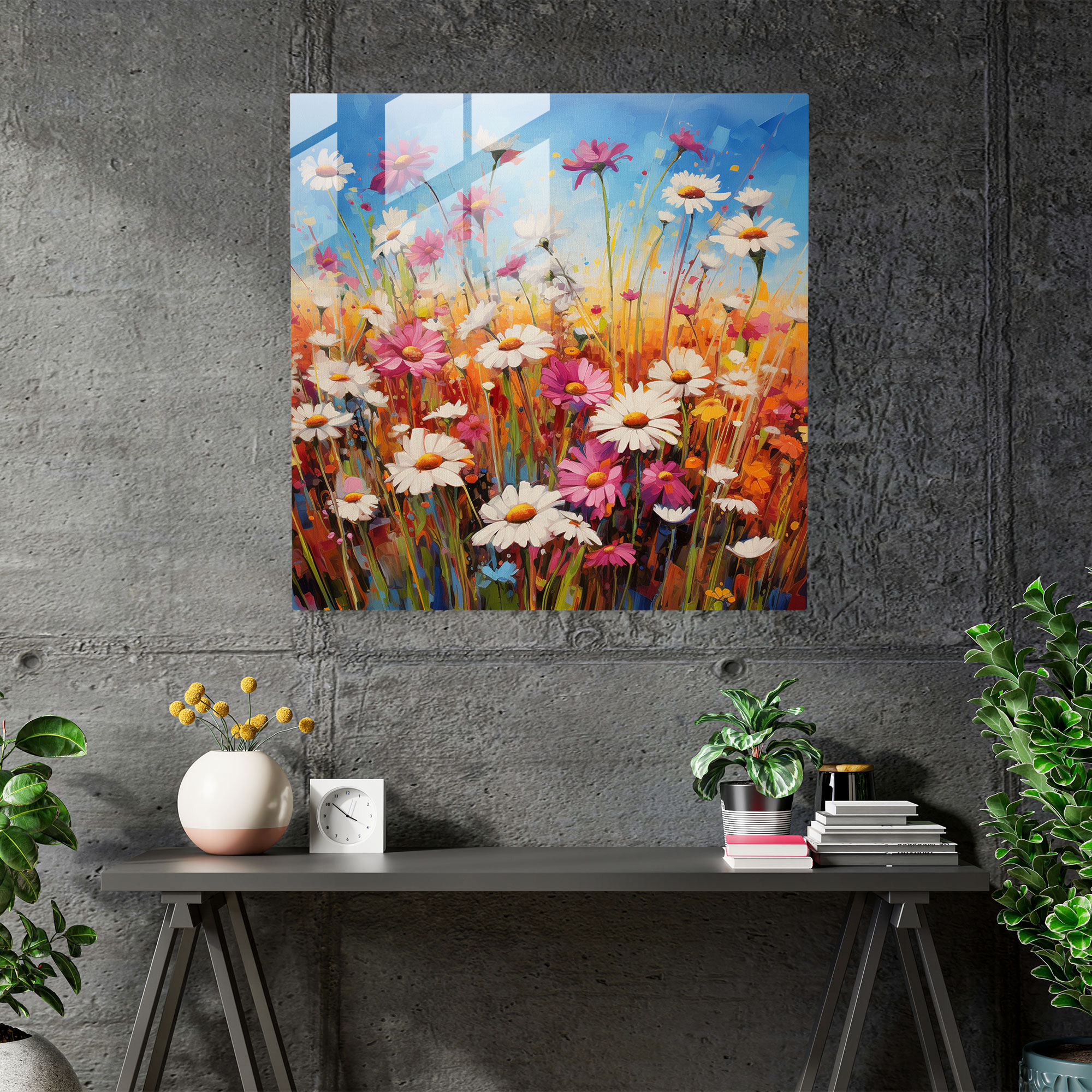 Frohes zeitgenössisches Glasbild - Mohnblumenfeld in kräftigen Farben - Glaswandkunst - Wohnkultur - Wanddekoration - Glaskunst - Moderne Kunstwerke