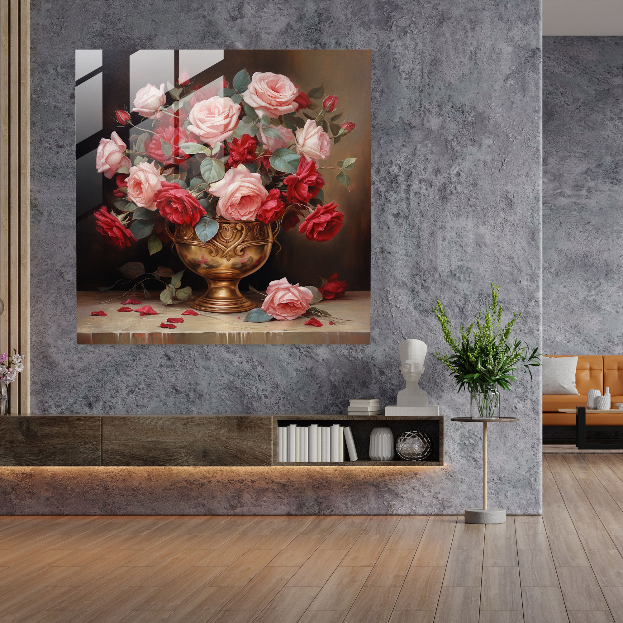 Exquisite Floral Glass Print Wall Art - Classic Oil Painting Roses Bouquet with Elegance and Sophistication - High Quality Glass Printing