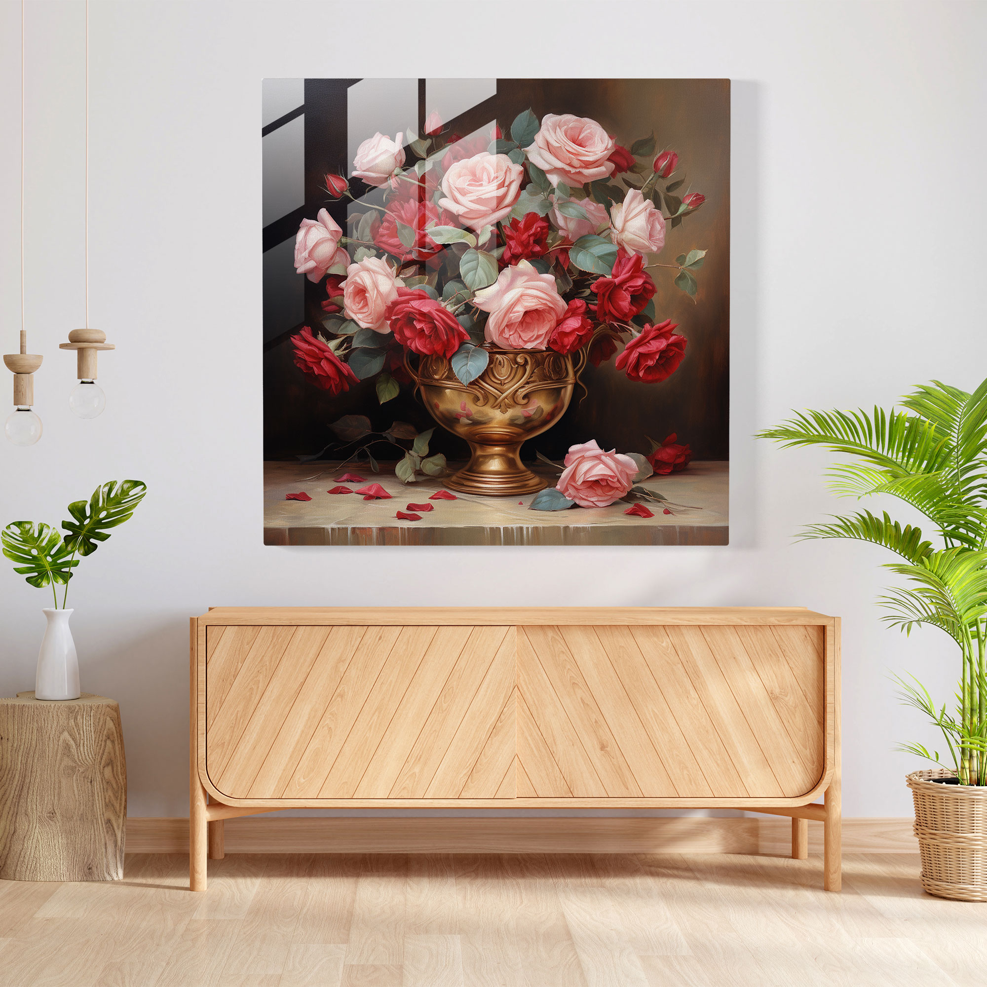 Exquisite Floral Glass Print Wall Art - Classic Oil Painting Roses Bouquet with Elegance and Sophistication - High Quality Glass Printing