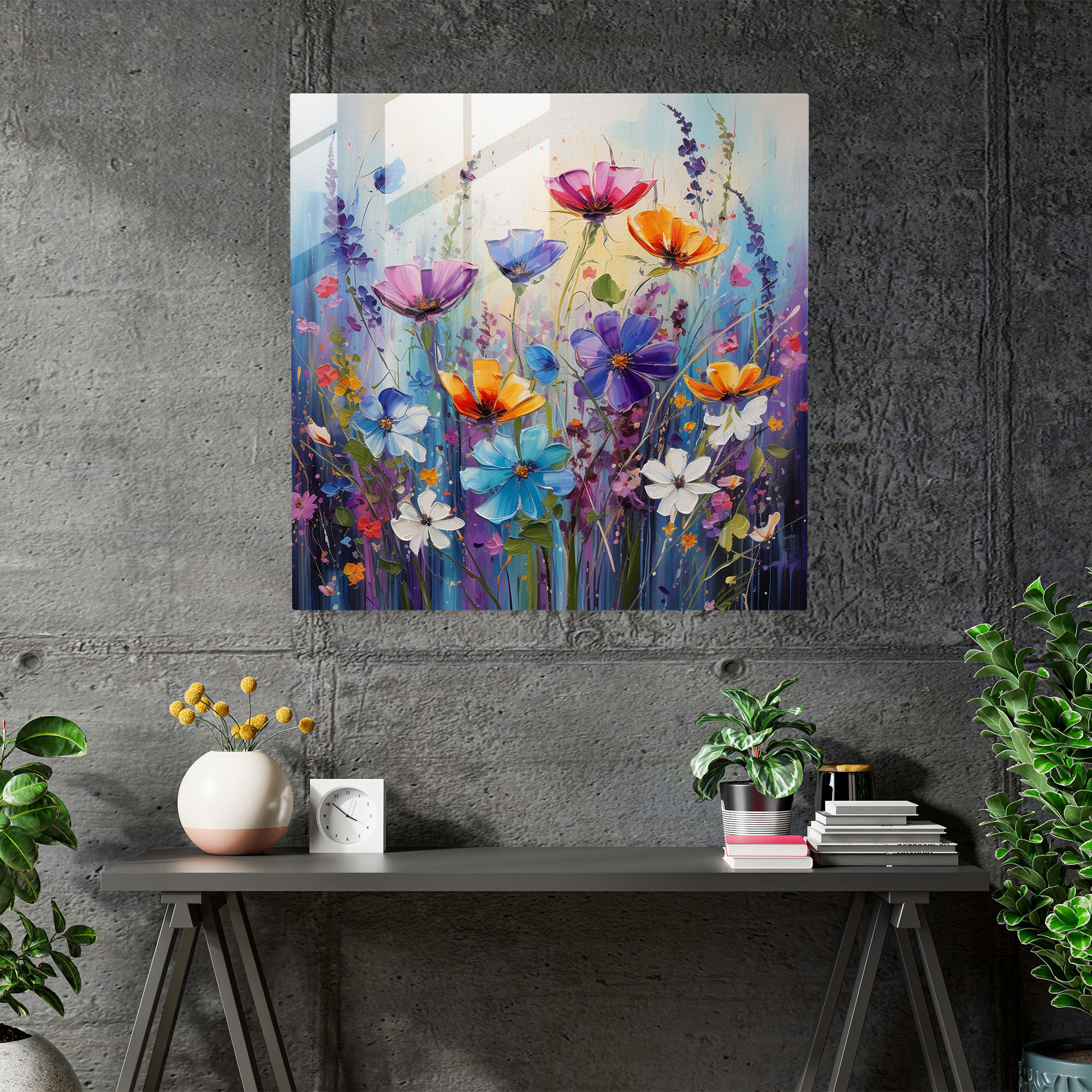 Vibrant Wildflowers Glass Print Wall Art - Abstract Acrylic Painting Burst with Energy and Freedom - High Quality Glass Printing