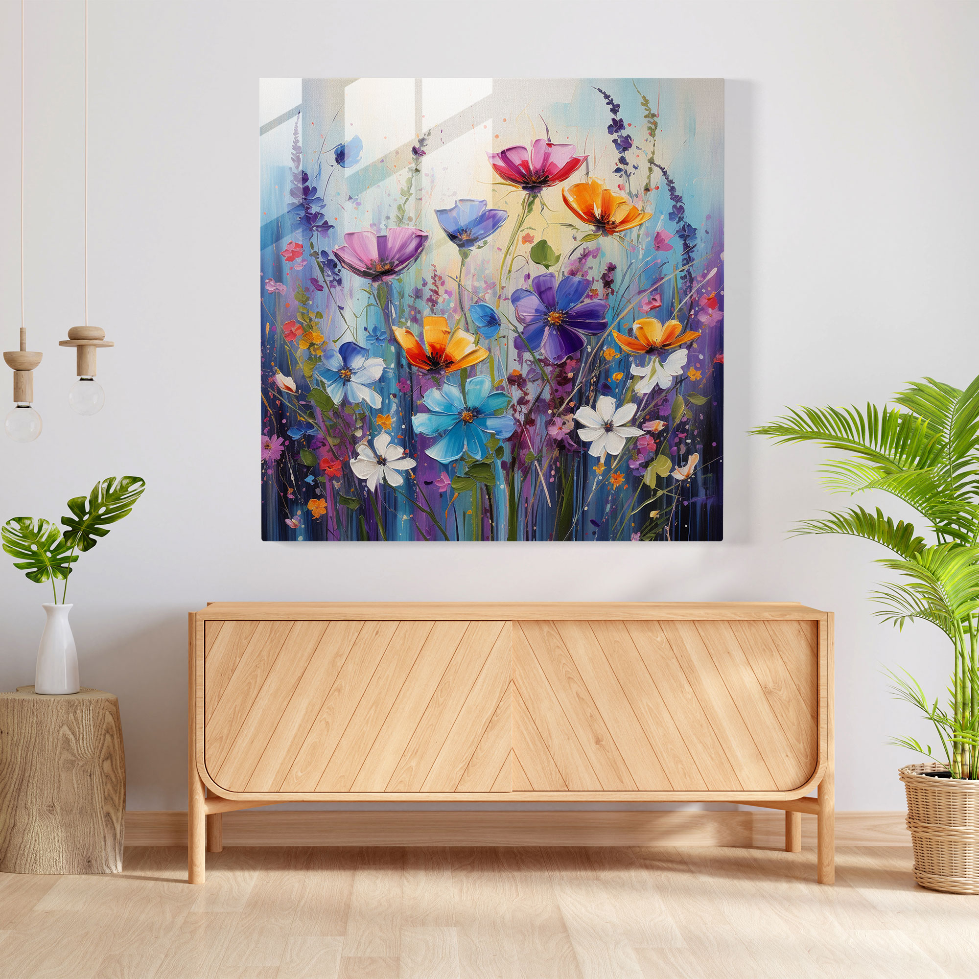 Vibrant Wildflowers Glass Print Wall Art - Abstract Acrylic Painting Burst with Energy and Freedom - High Quality Glass Printing