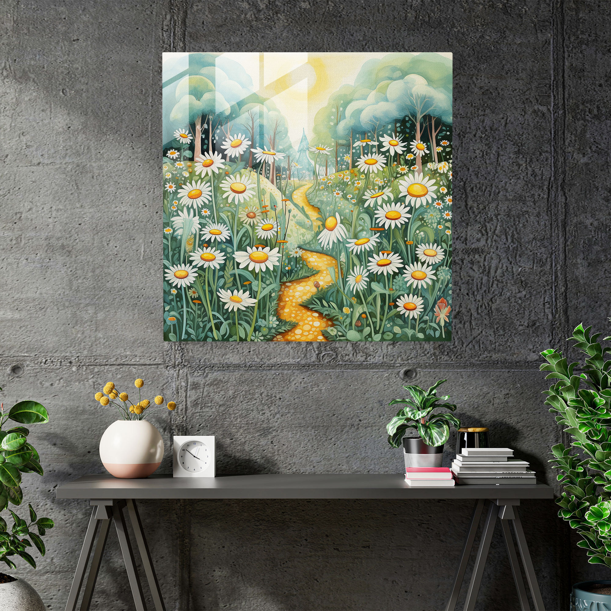 Bezauberndes Gänseblümchengarten Glasbild - Verspielte Aquarellillustration mit Leichtigkeit und Charme - Hochwertiger Glasdruck