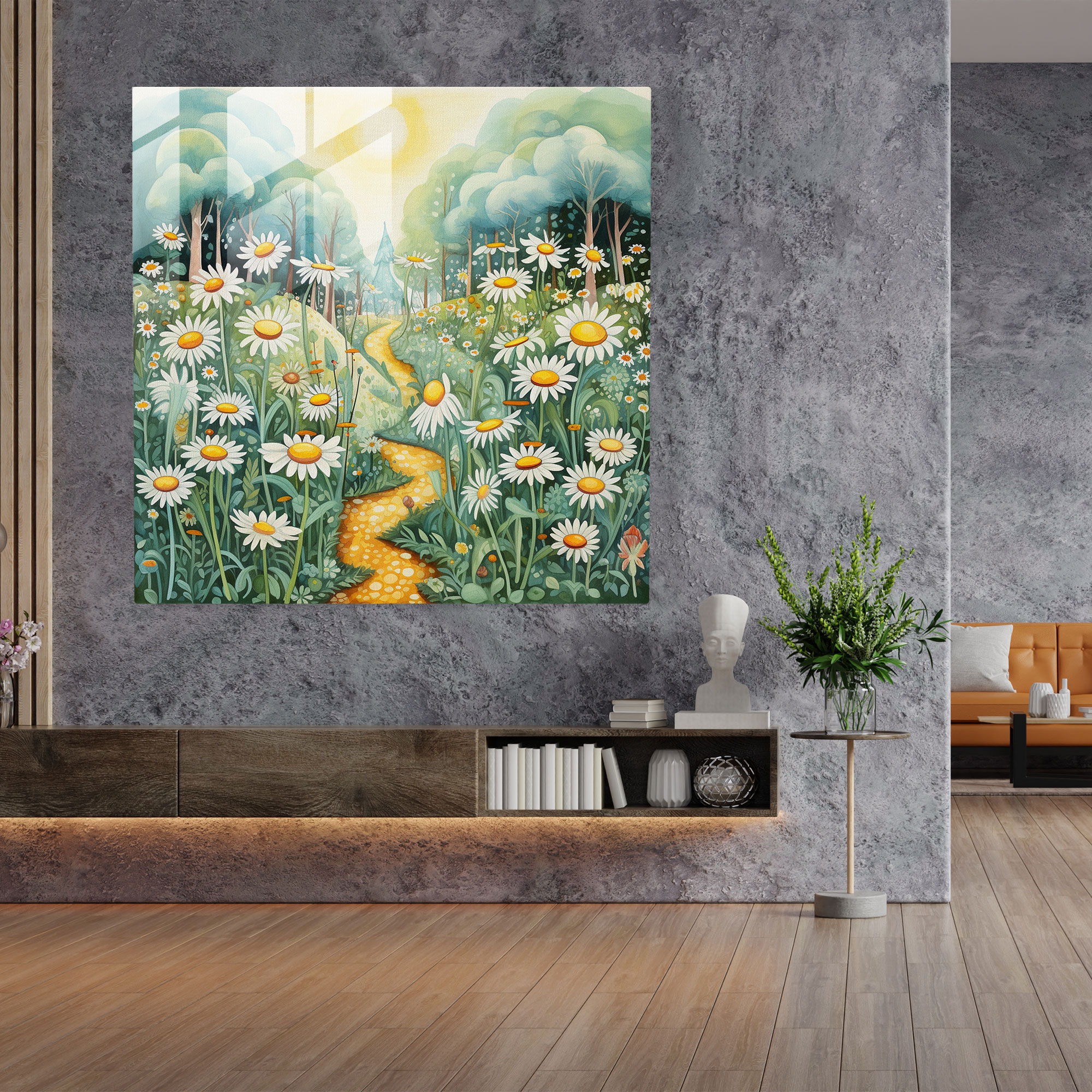 Bezauberndes Gänseblümchengarten Glasbild - Verspielte Aquarellillustration mit Leichtigkeit und Charme - Hochwertiger Glasdruck