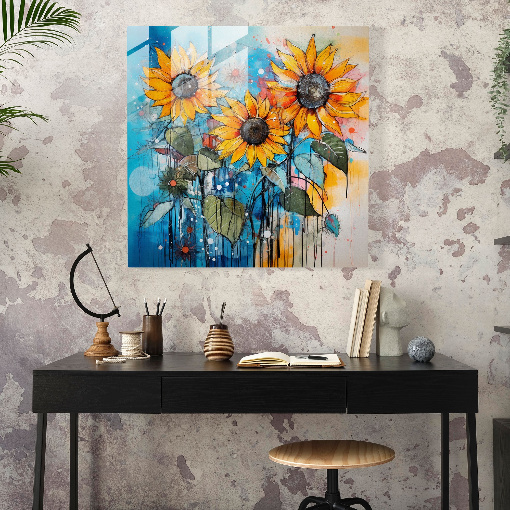 Moderne Sonnenblumen Glasbild Wandkunst - Zeitgenössische Mixed-Media-Abstraktion mit einem Twist - Hochwertiger Glasdruck
