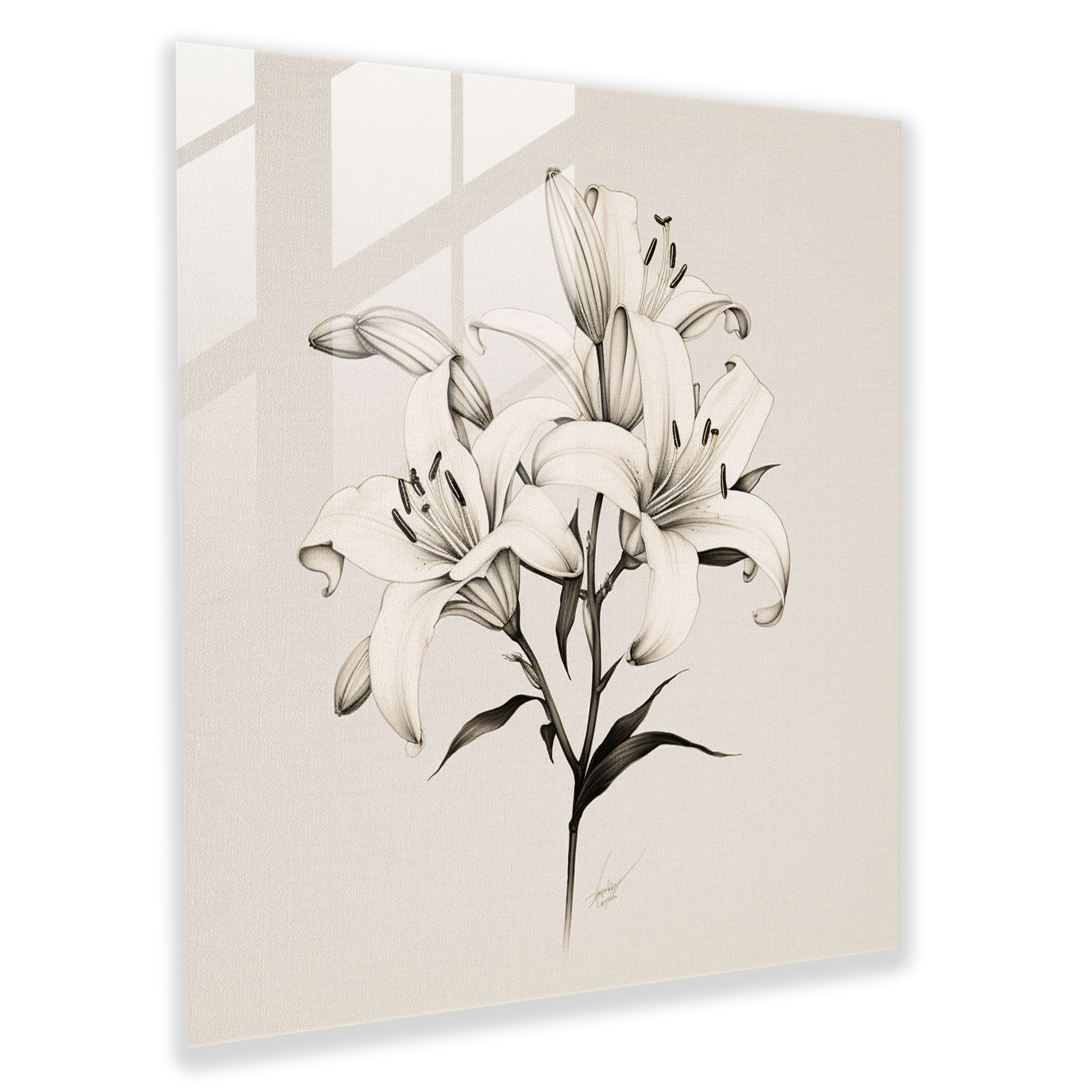 Modern Lilies Glass Print Wall Art - Minimalist Line Drawing with Understated and Delicate Aesthetic - High Quality Glass Printing