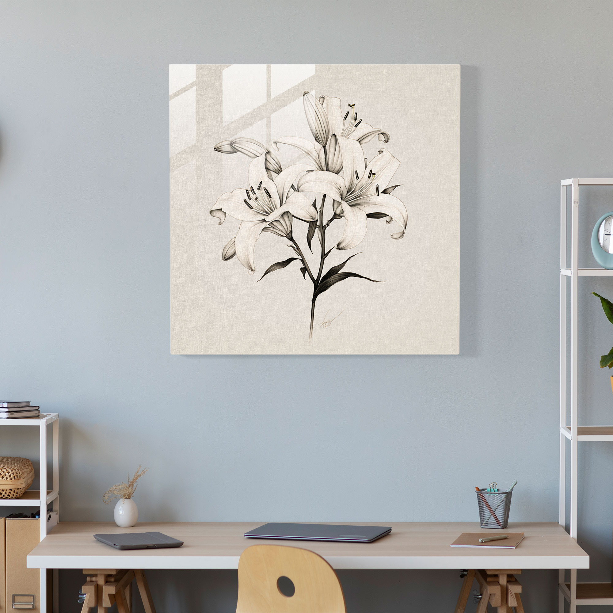 Modern Lilies Glass Print Wall Art - Minimalist Line Drawing with Understated and Delicate Aesthetic - High Quality Glass Printing