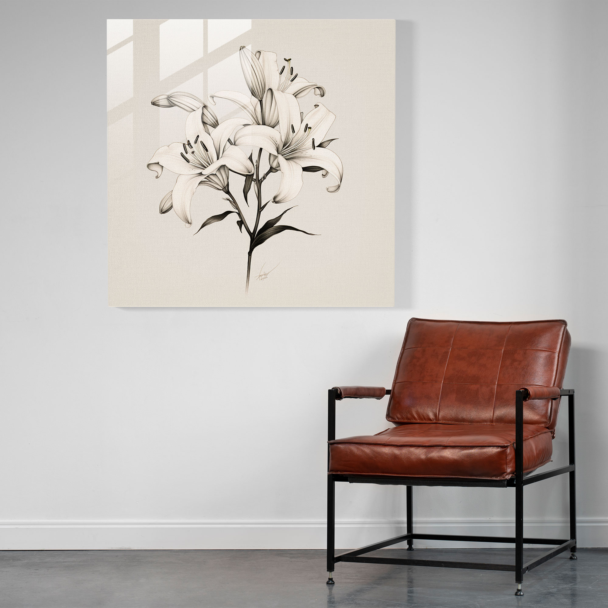 Modern Lilies Glass Print Wall Art - Minimalist Line Drawing with Understated and Delicate Aesthetic - High Quality Glass Printing