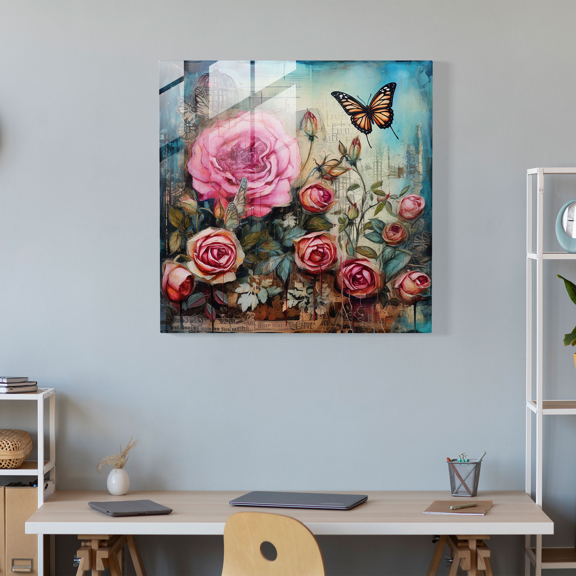 Whimsical Rose Garden Glass Print Wall Art - Romantic Mixed Media Collage with Whimsy and Romance - High Quality Glass Printing