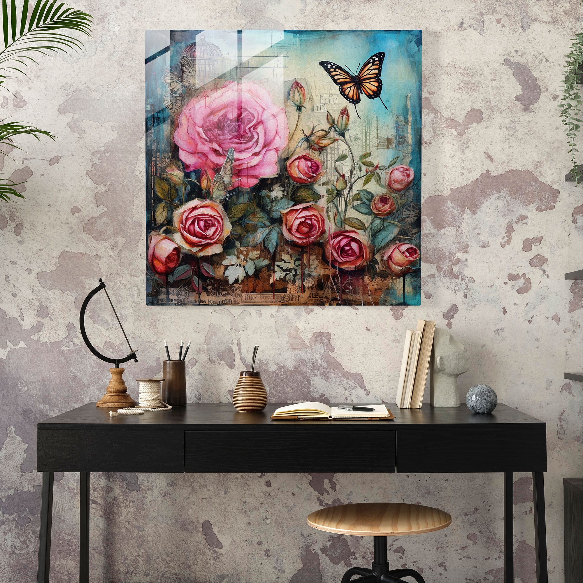 Whimsical Rose Garden Glass Print Wall Art - Romantic Mixed Media Collage with Whimsy and Romance - High Quality Glass Printing