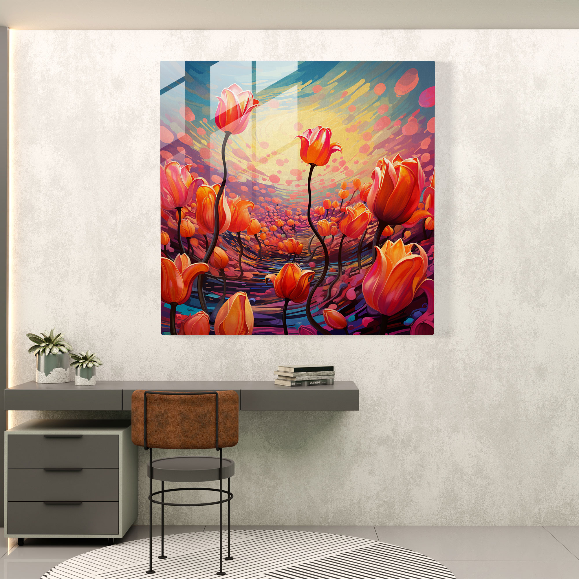 Surreales Tulpenfeld Glasbild - Abstrakte digitale Malerei mit lebendigen und surrealen Elementen - Hochwertiger Glasdruck