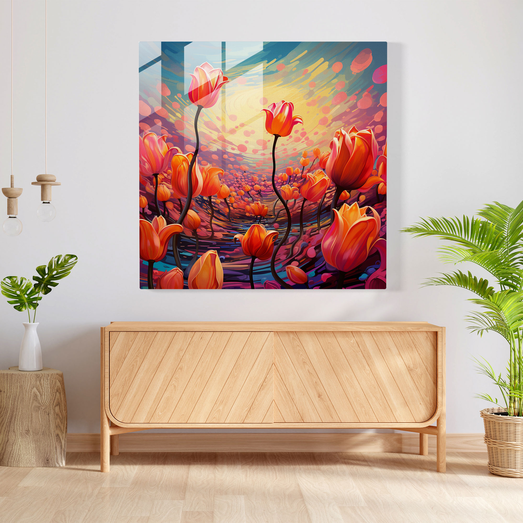 Surreales Tulpenfeld Glasbild - Abstrakte digitale Malerei mit lebendigen und surrealen Elementen - Hochwertiger Glasdruck