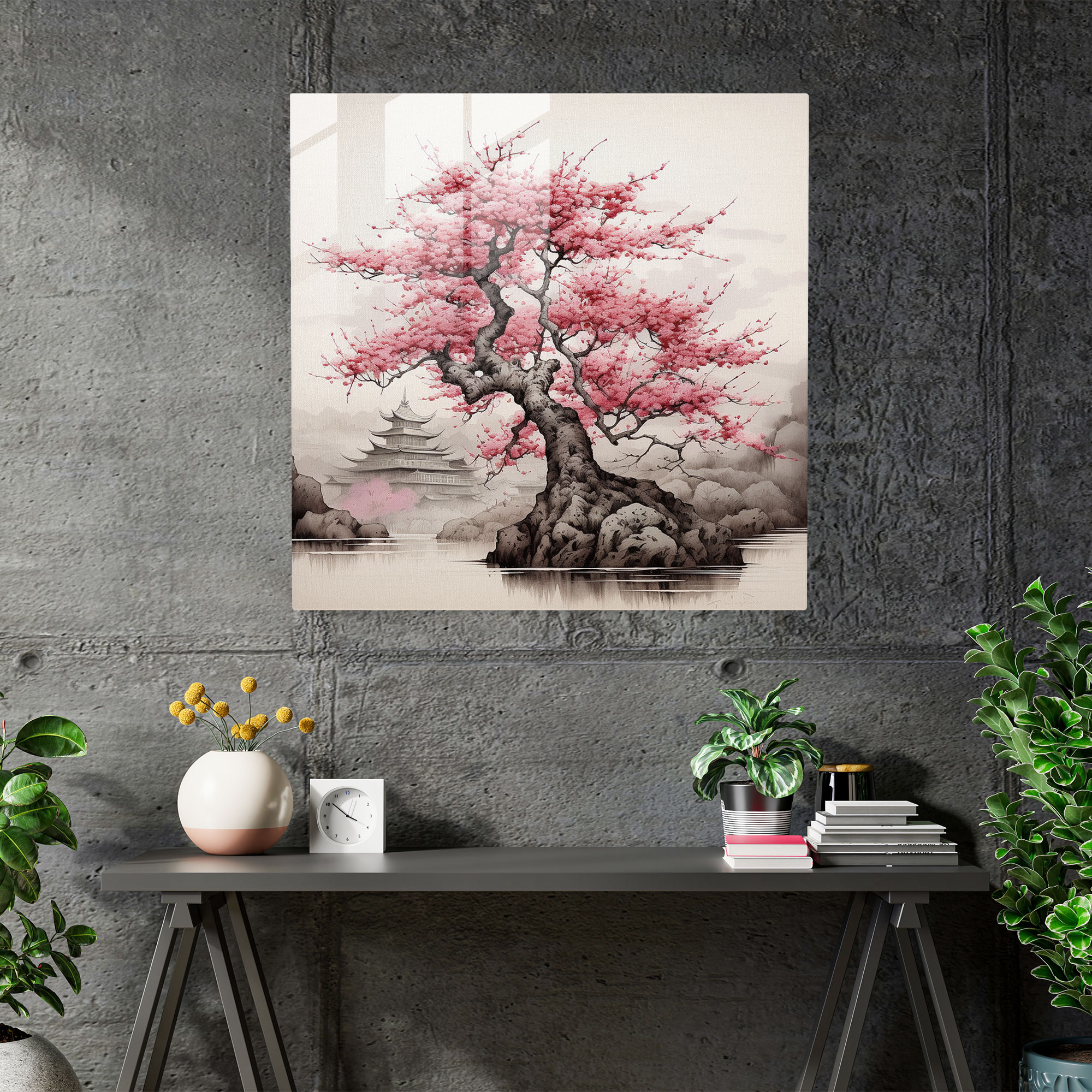 Graceful Cherry Blossom Glass Print Wall Art - Traditional Japanese Ink Wash Painting with Serenity and Tranquility - High Quality Glass Printing