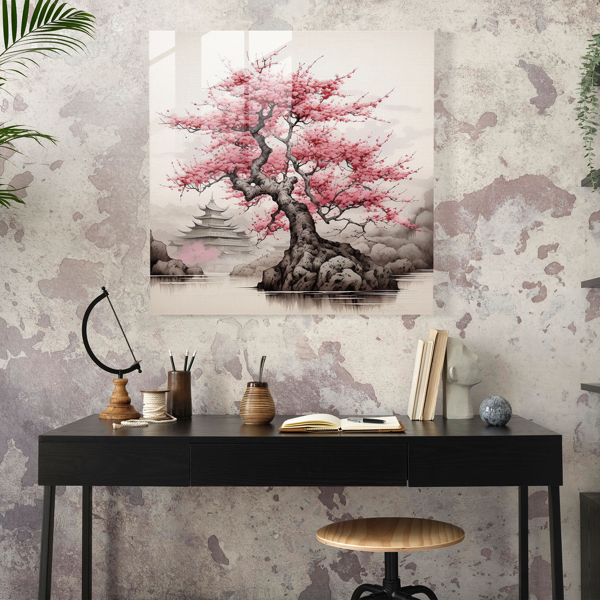 Graceful Cherry Blossom Glass Print Wall Art - Traditional Japanese Ink Wash Painting with Serenity and Tranquility - High Quality Glass Printing