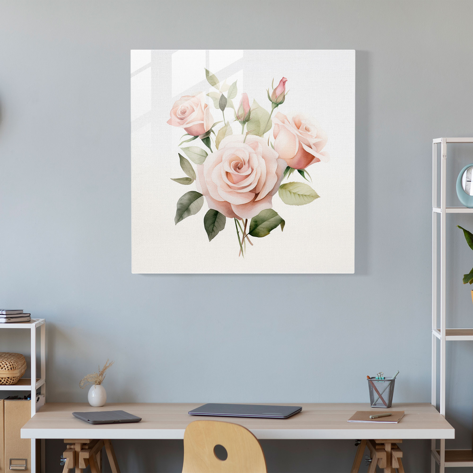 Glasbild Zarte Blüten - Minimalistisches Rosenstrauß Wanddekoration