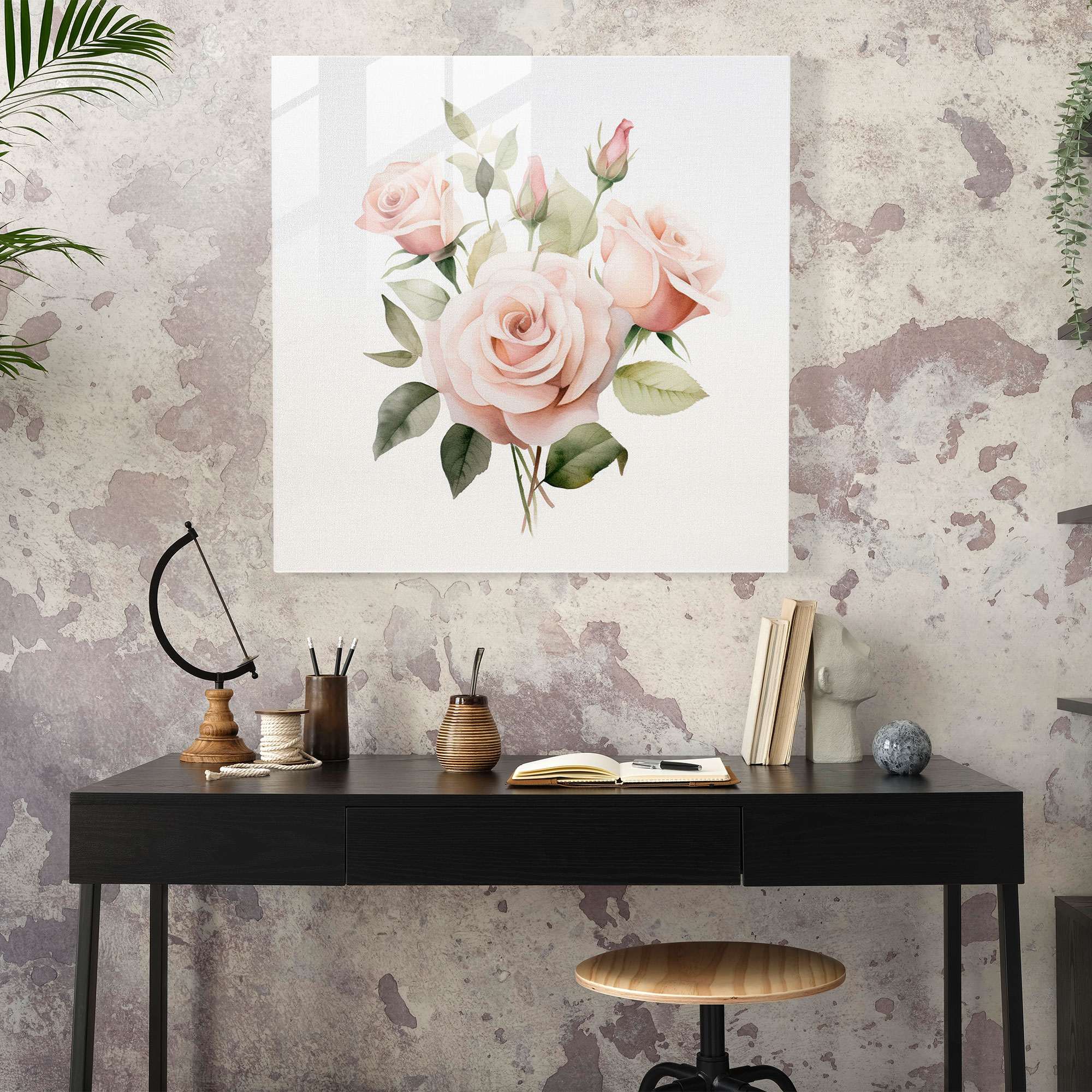 Glasbild Zarte Blüten - Minimalistisches Rosenstrauß Wanddekoration