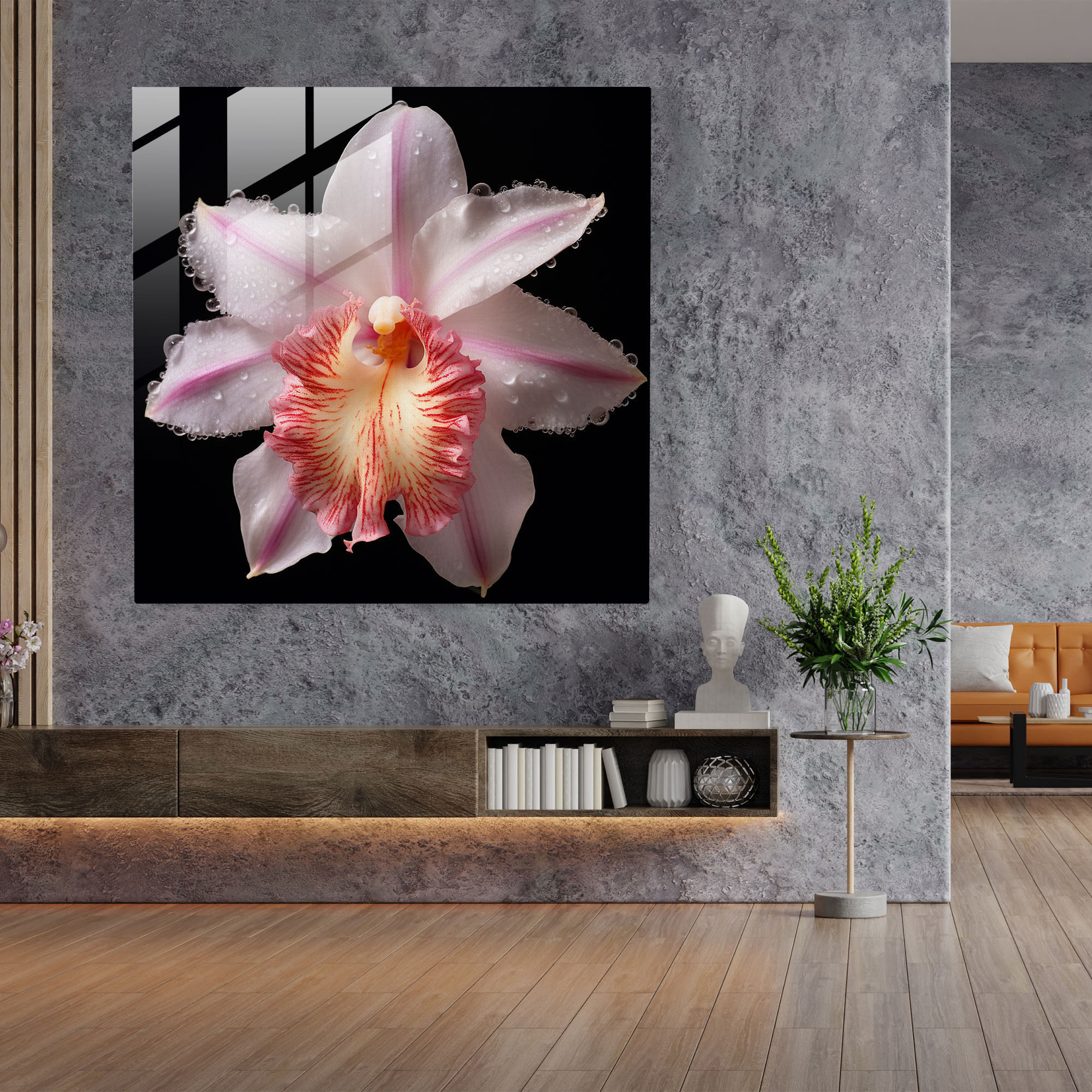 Glasbild Verzauberte Blüten - Auffällige Orchideen Wanddekoration