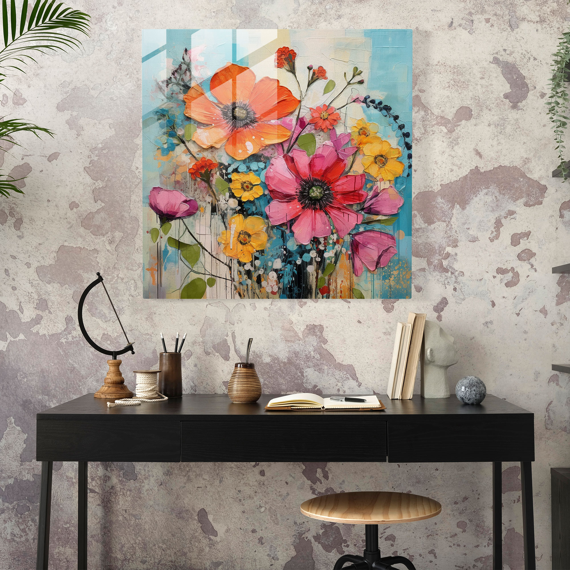 Fusion Blossoms Glass Print - Mixed Media Flower Collage Wall Decor