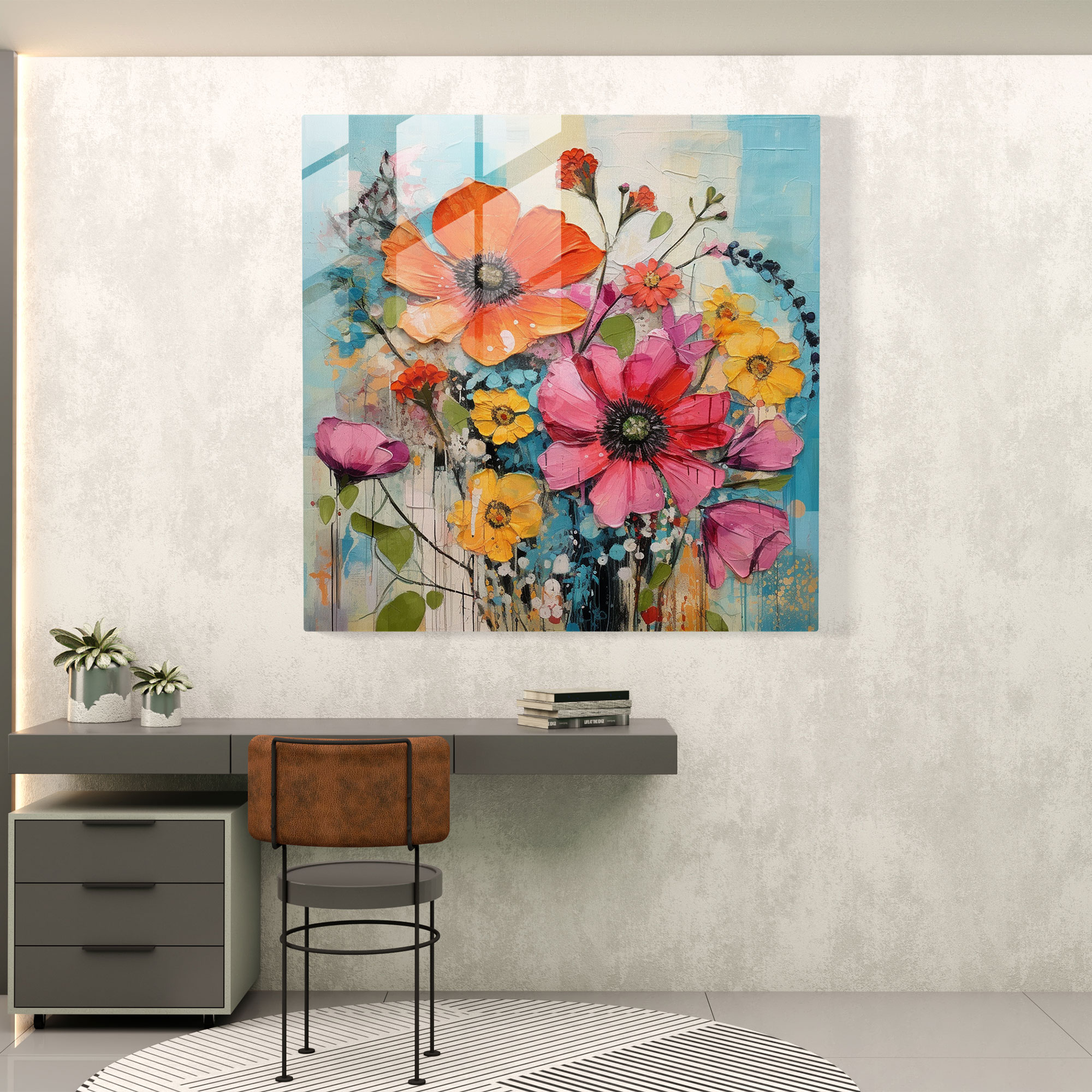 Fusion Blossoms Glass Print - Mixed Media Flower Collage Wall Decor