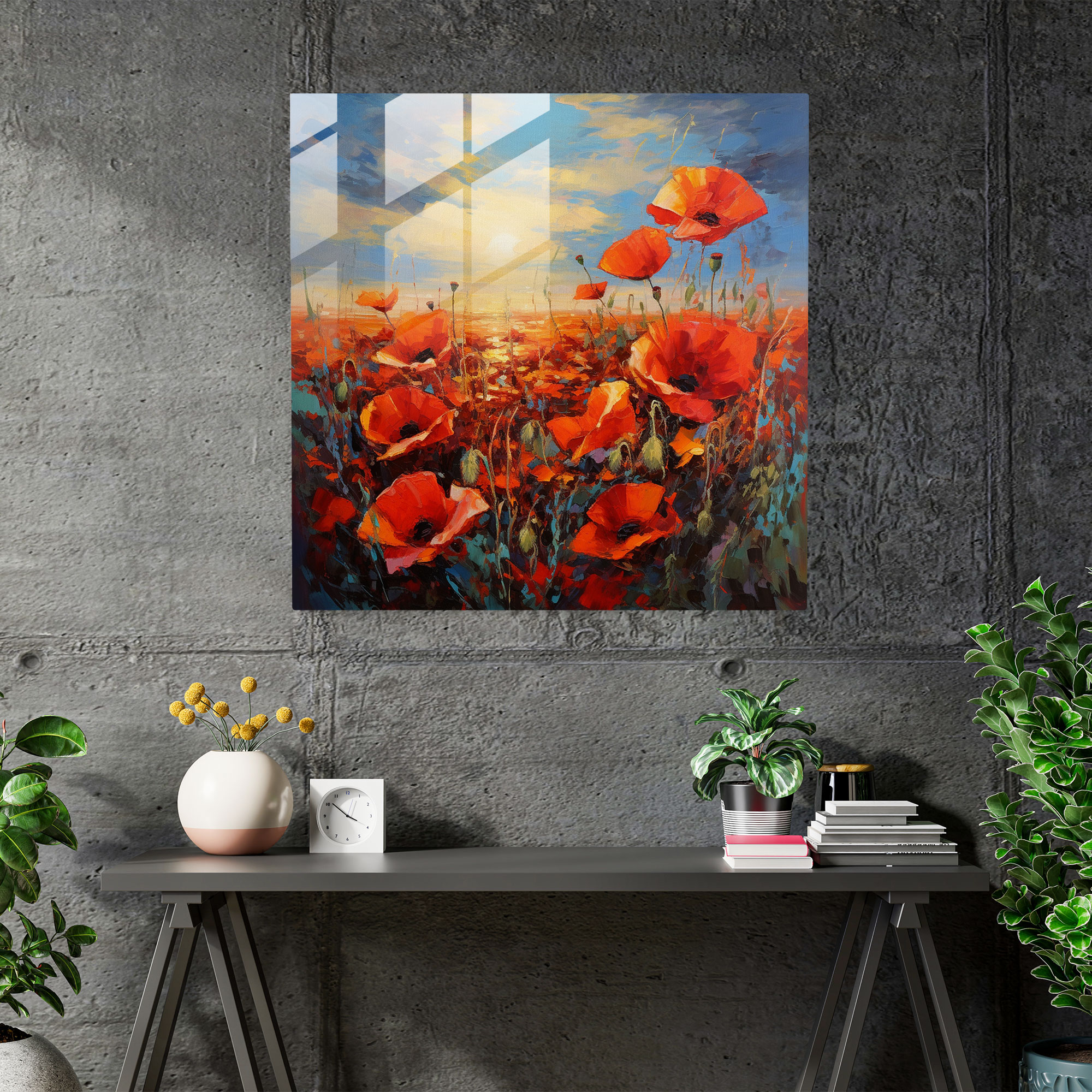 Fiery Blooms Glass Print - Impressionist Poppy Field Wall Decoration