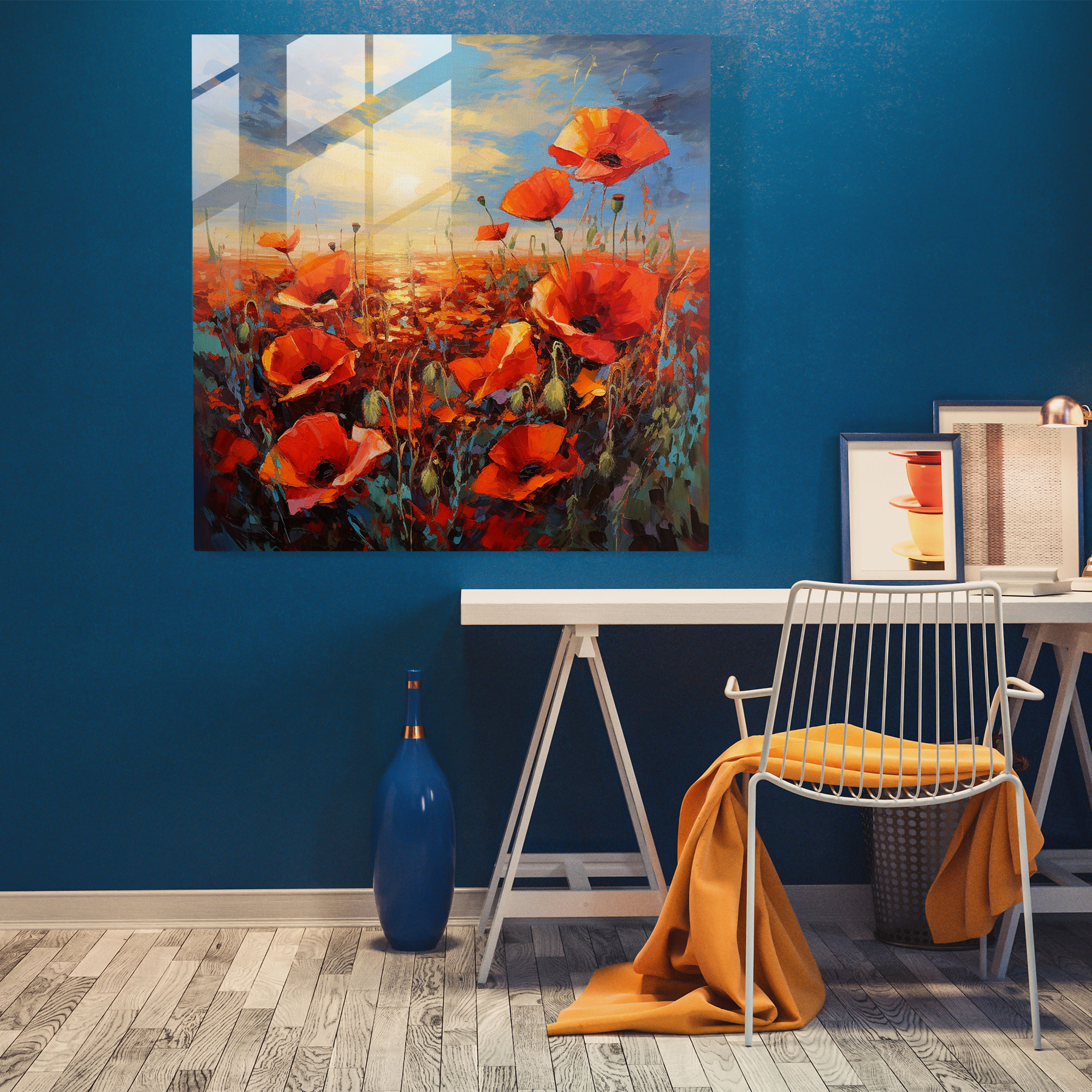 Fiery Blooms Glass Print - Impressionist Poppy Field Wall Decoration