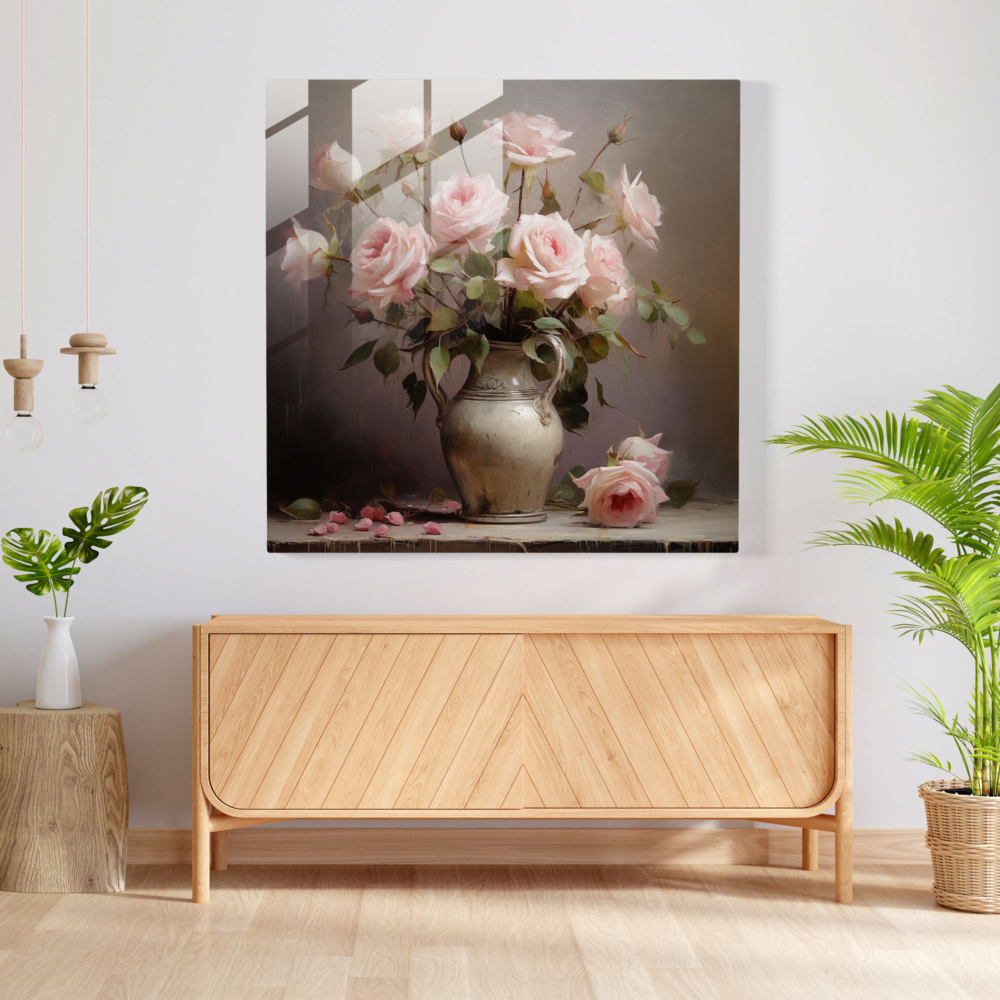 Elegantes Glasbild - Klassisches Rosen Stillleben Wanddekoration
