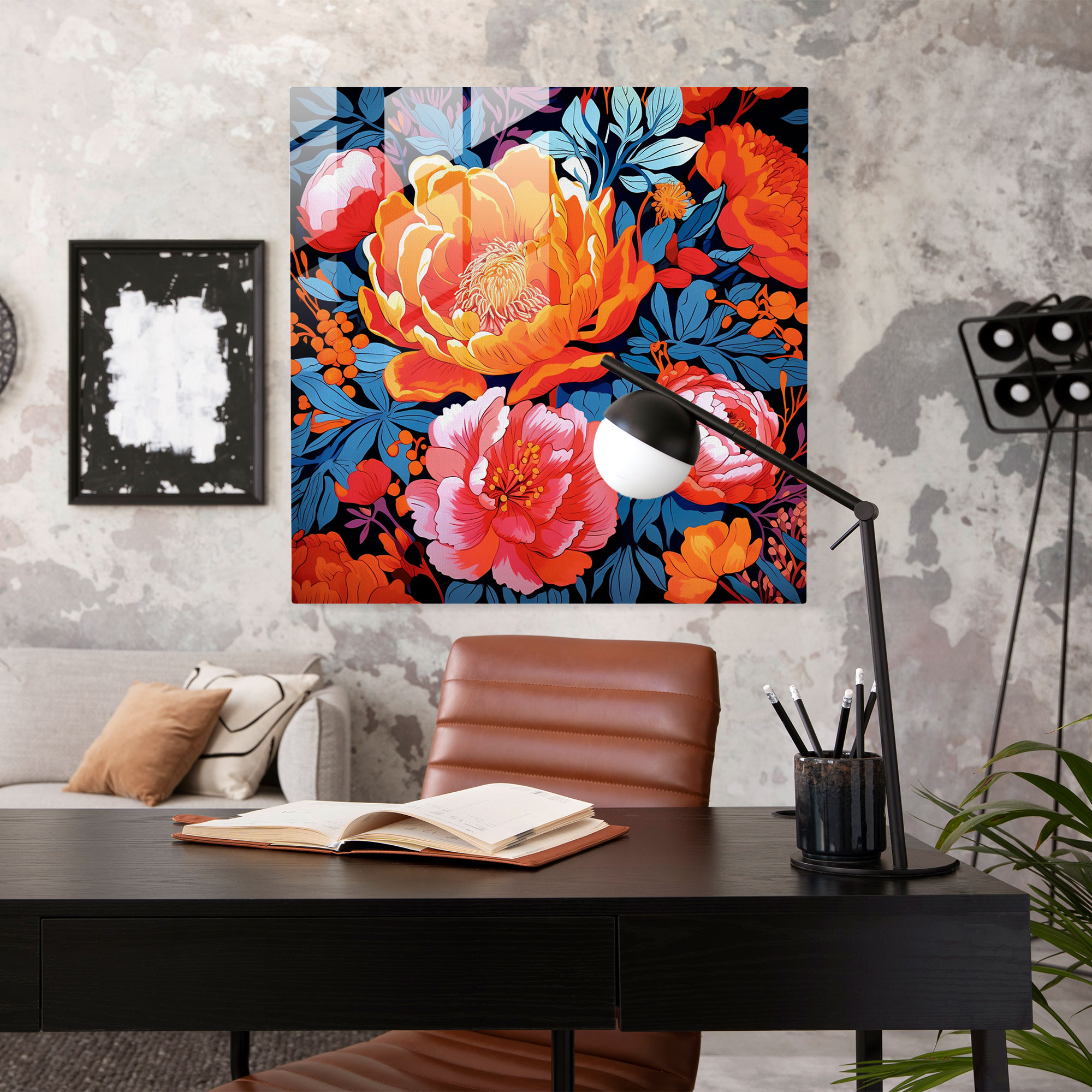 Lebendige Blüten Glasbild - Moderne florale Muster Wanddeko