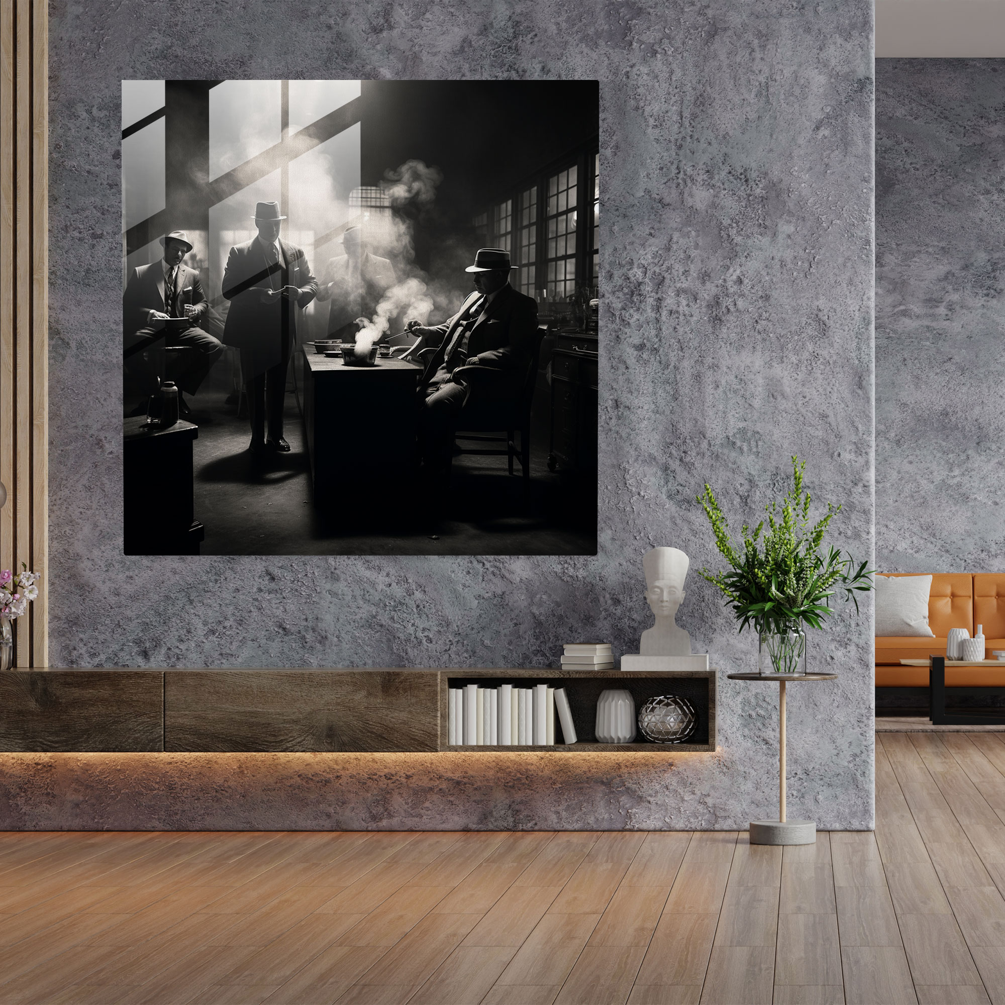 Photorealistisches Goodfellas Glasbild - Glasbild Goodfellas Glas Kunst Mobster Rauchiger Raum