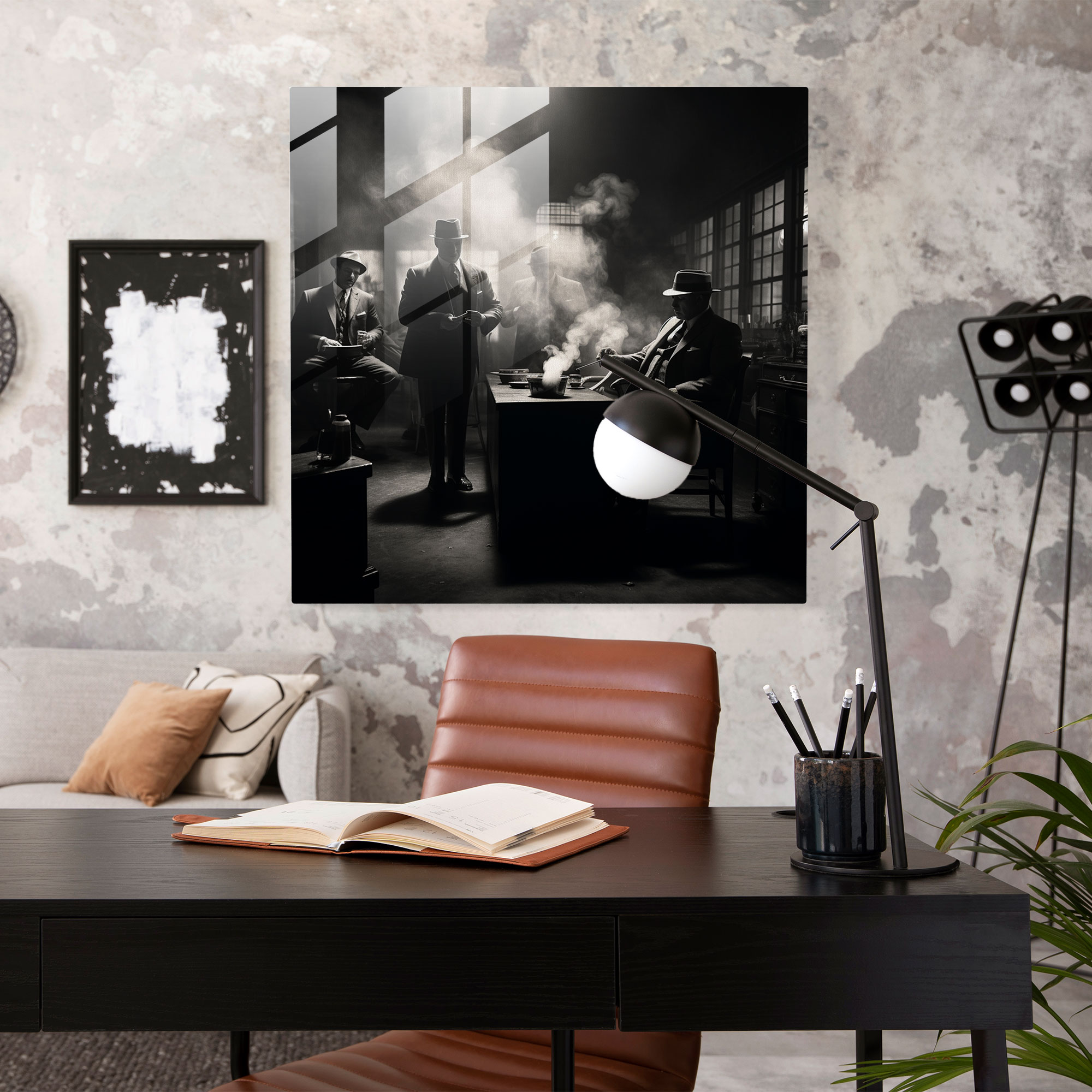 Photorealistisches Goodfellas Glasbild - Glasbild Goodfellas Glas Kunst Mobster Rauchiger Raum