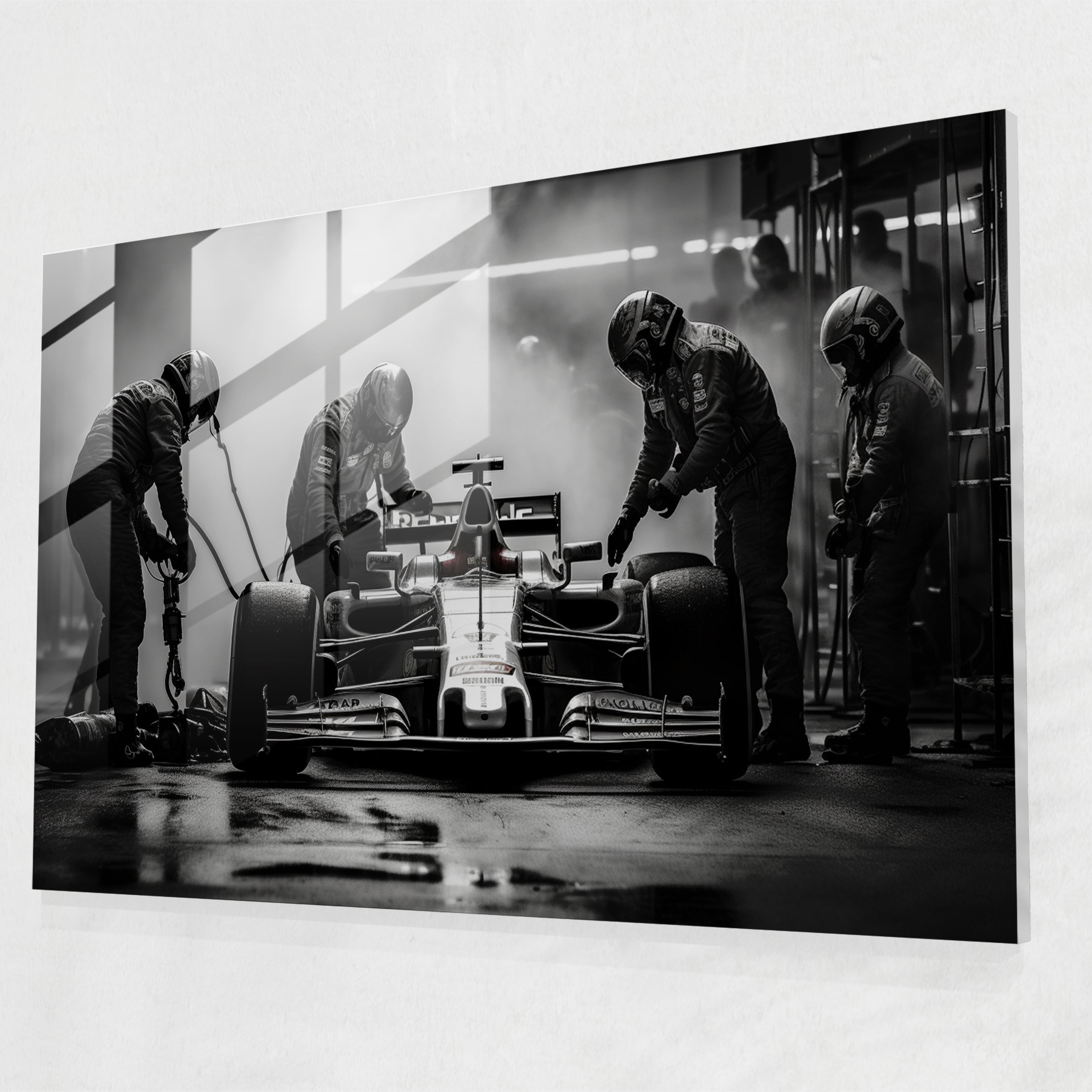 Formula 1 Pit Stop Glass Print - Formula 1, Glass Wall Art, Black And White Photograph, Formula 1