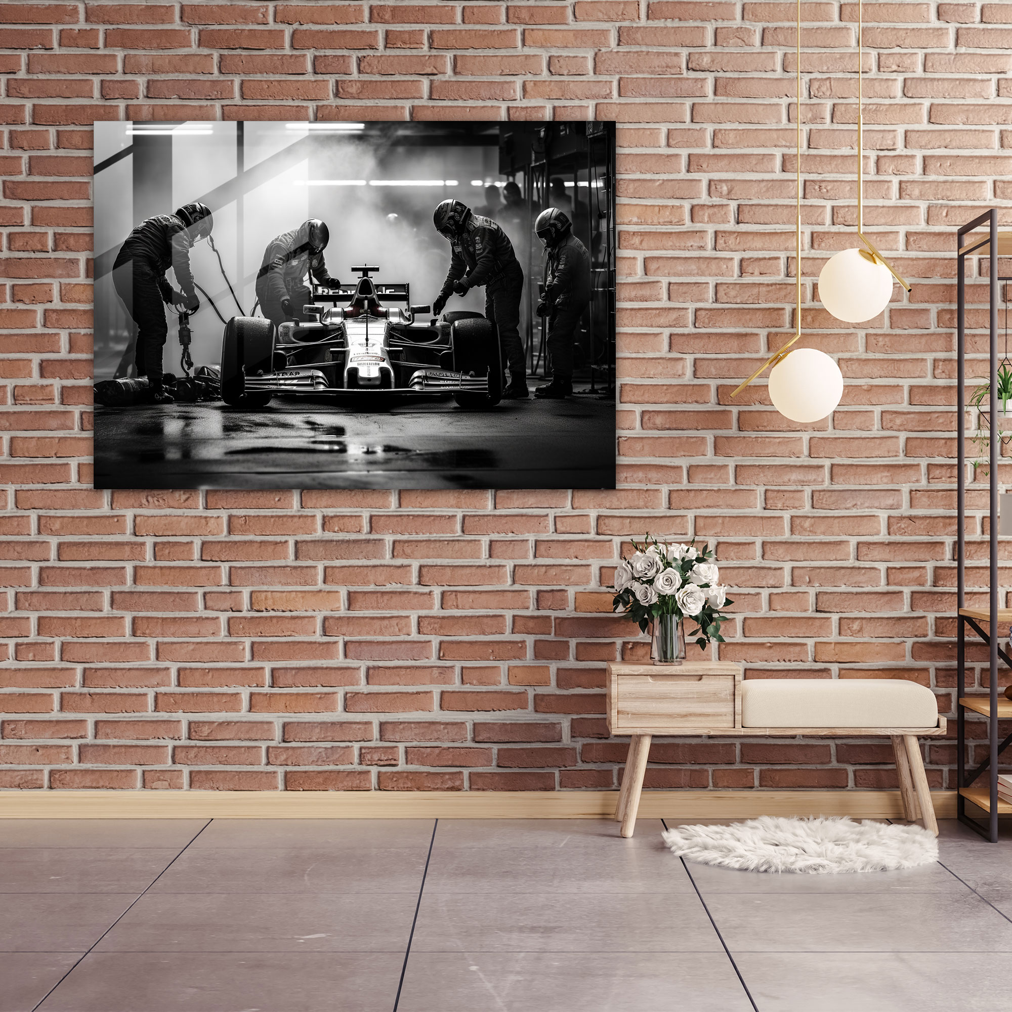 Formula 1 Pit Stop Glass Print - Formula 1, Glass Wall Art, Black And White Photograph, Formula 1